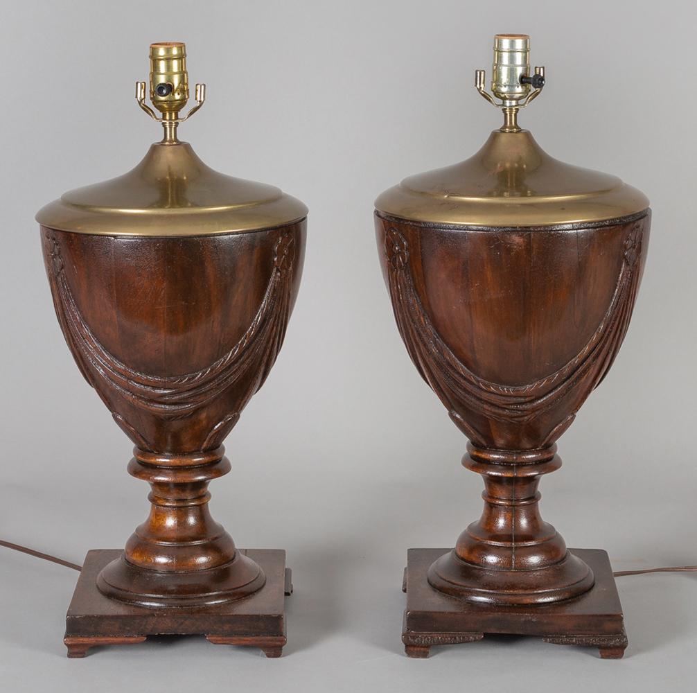 Carved Pair of Mahogany Urn Shaped Lamps For Sale