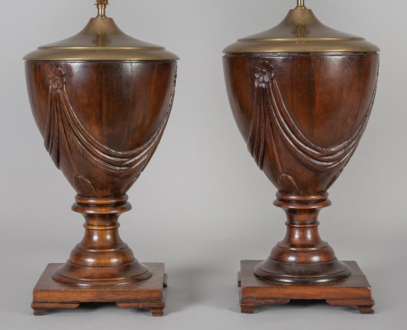 Late 19th Century Pair of Mahogany Urn Shaped Lamps For Sale