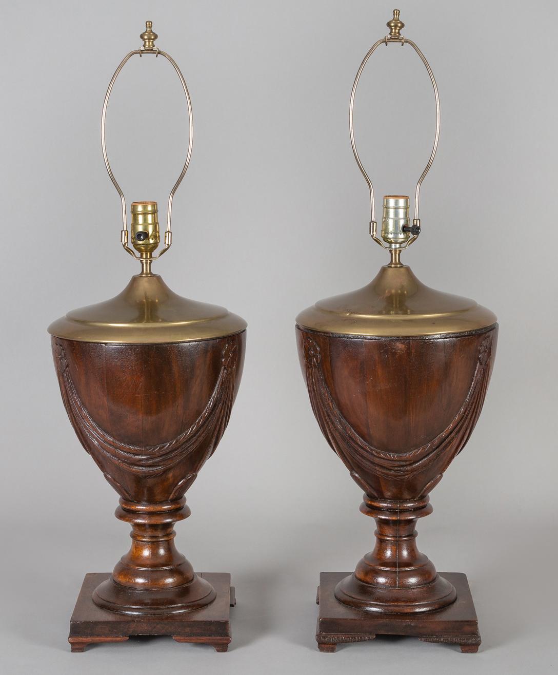 Pair of Mahogany Urn Shaped Lamps For Sale 1