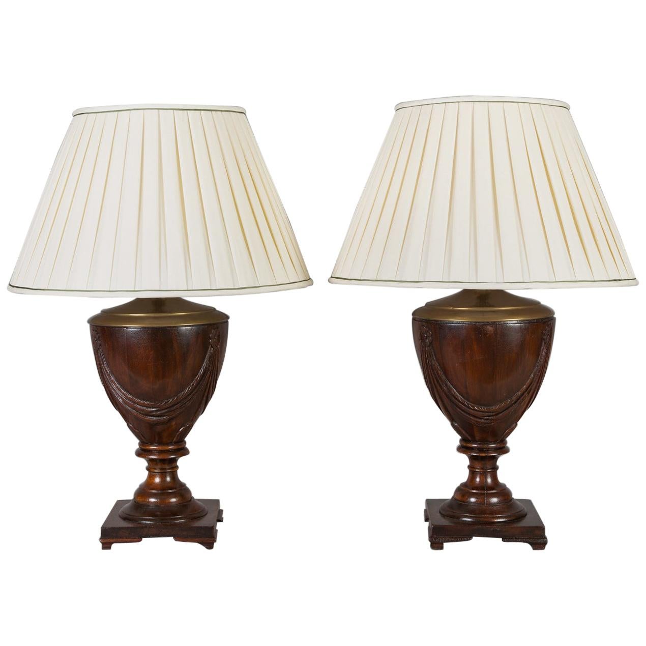 Pair of Mahogany Urn Shaped Lamps For Sale