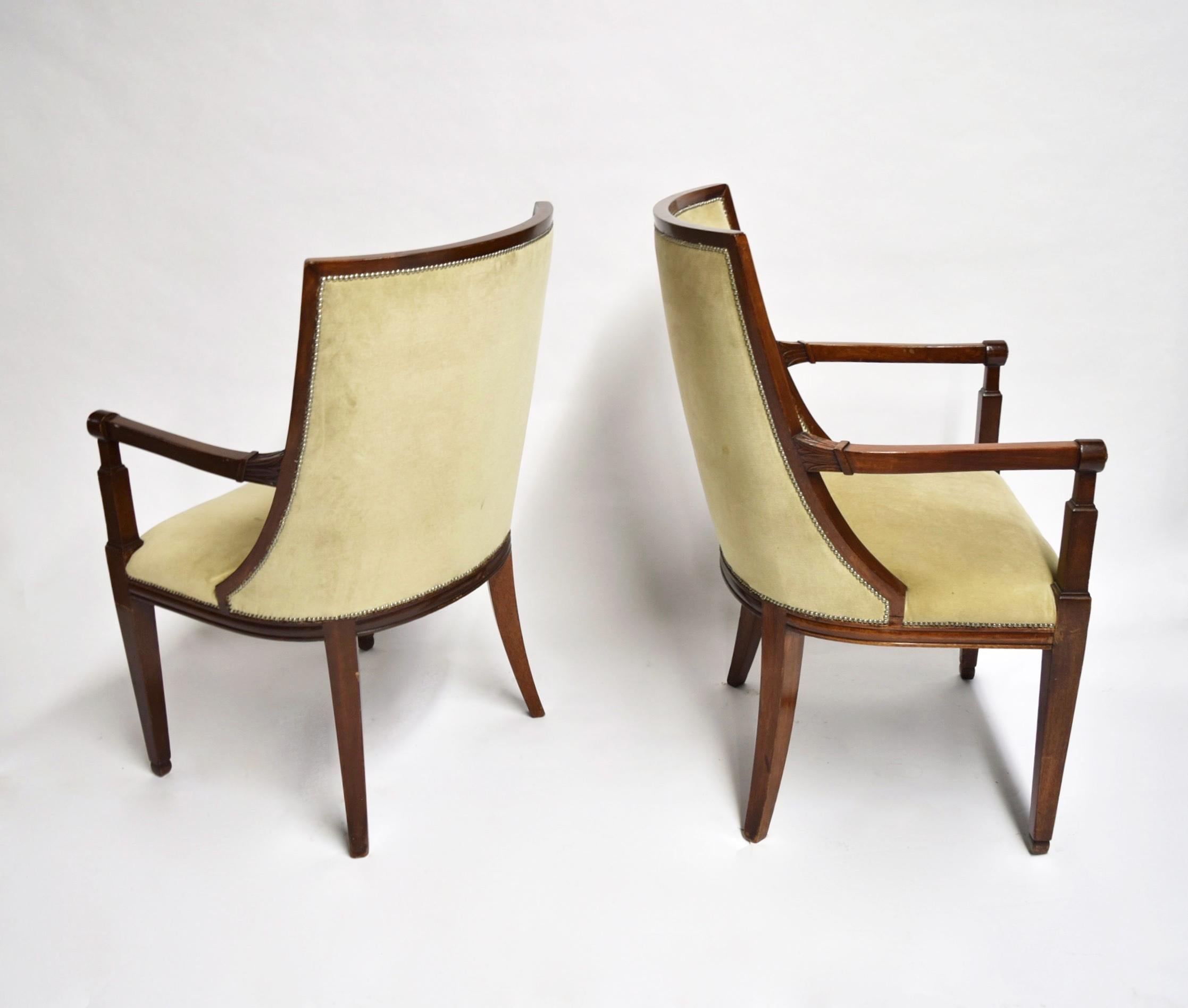 French Pair of Mahogany Wood and Beige Mohair Velvet Armchairs, France Circa 1840 For Sale