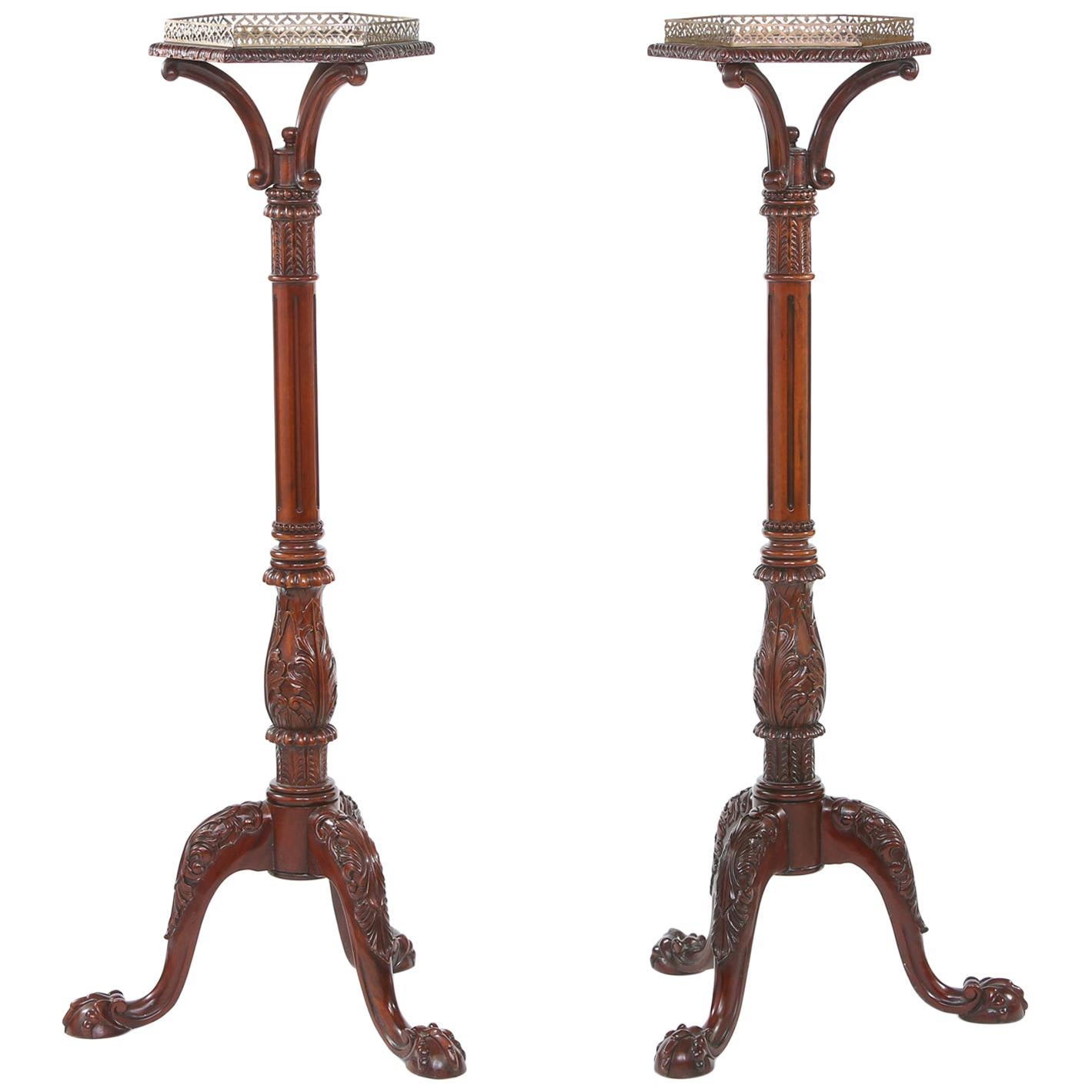 Pair Mahogany Wood / Gallery Top Tray Pedestal Tables For Sale