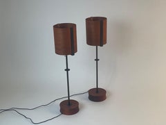 Pair of Mahogany Wood Veneer Buffet Lamps with Blackened Bronze Frame