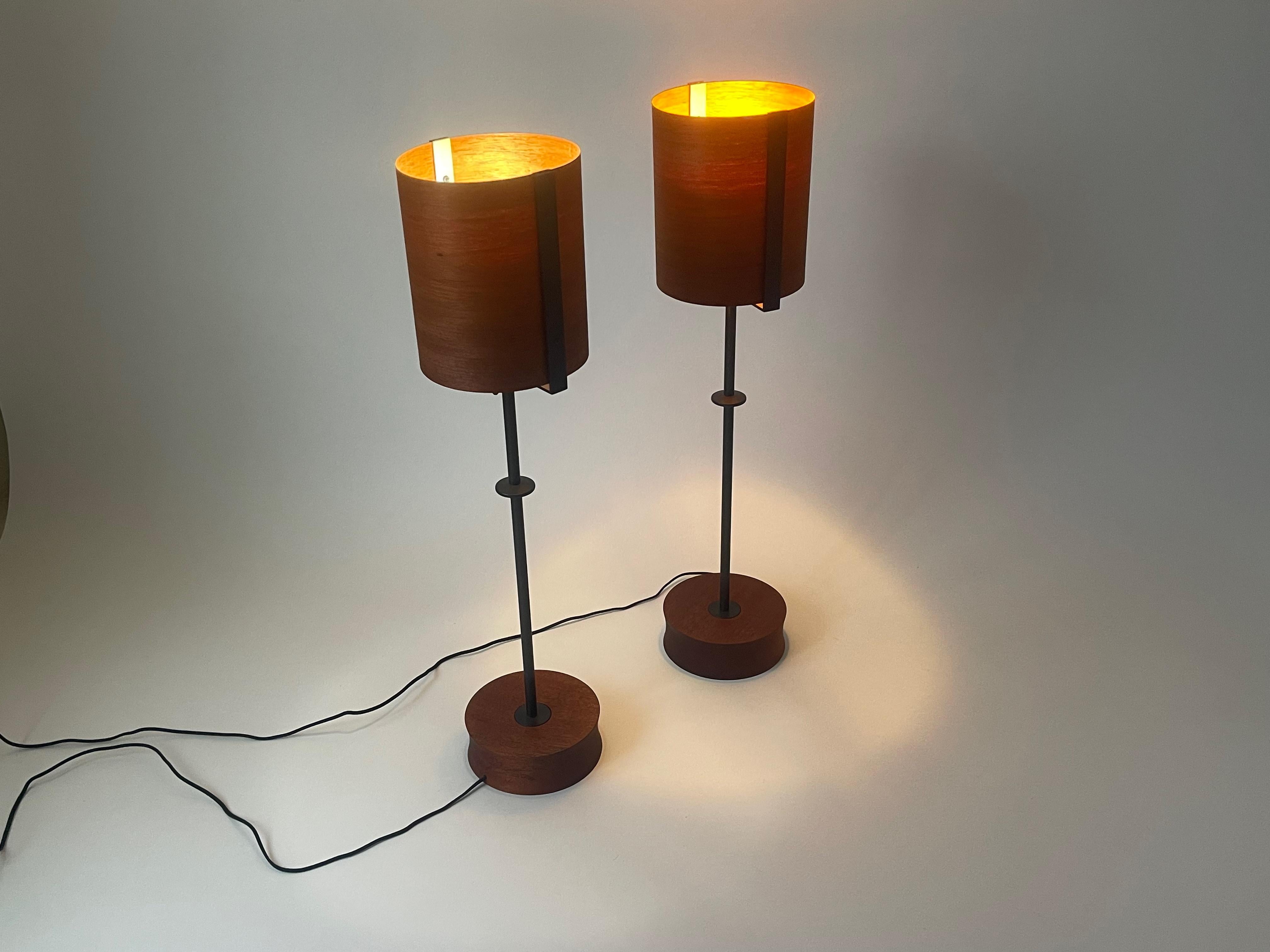 Bronze Paire de lampes de buffet en placage de bois d'acajou avec cadre en bronze noirci en vente