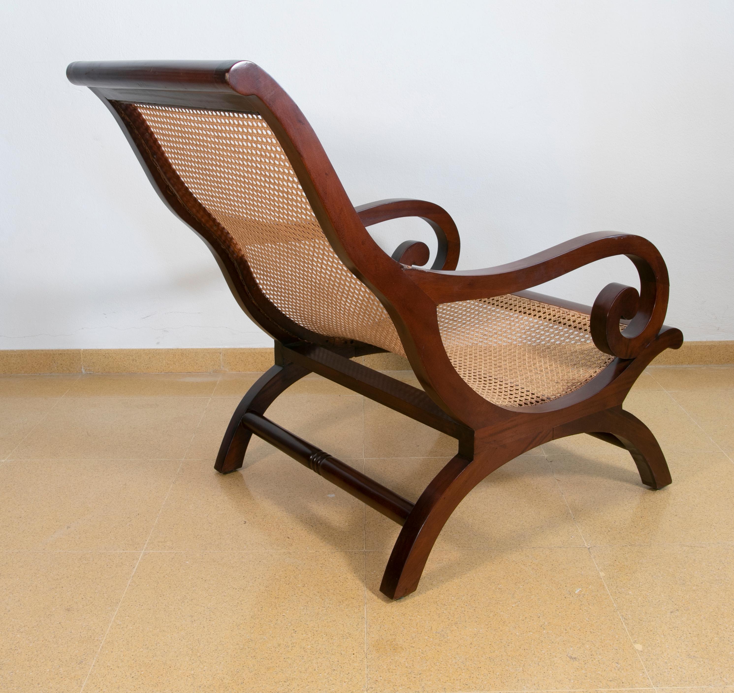 Pair of Mahogany Wooden Armchairs with Wicker Grid Seats For Sale 1