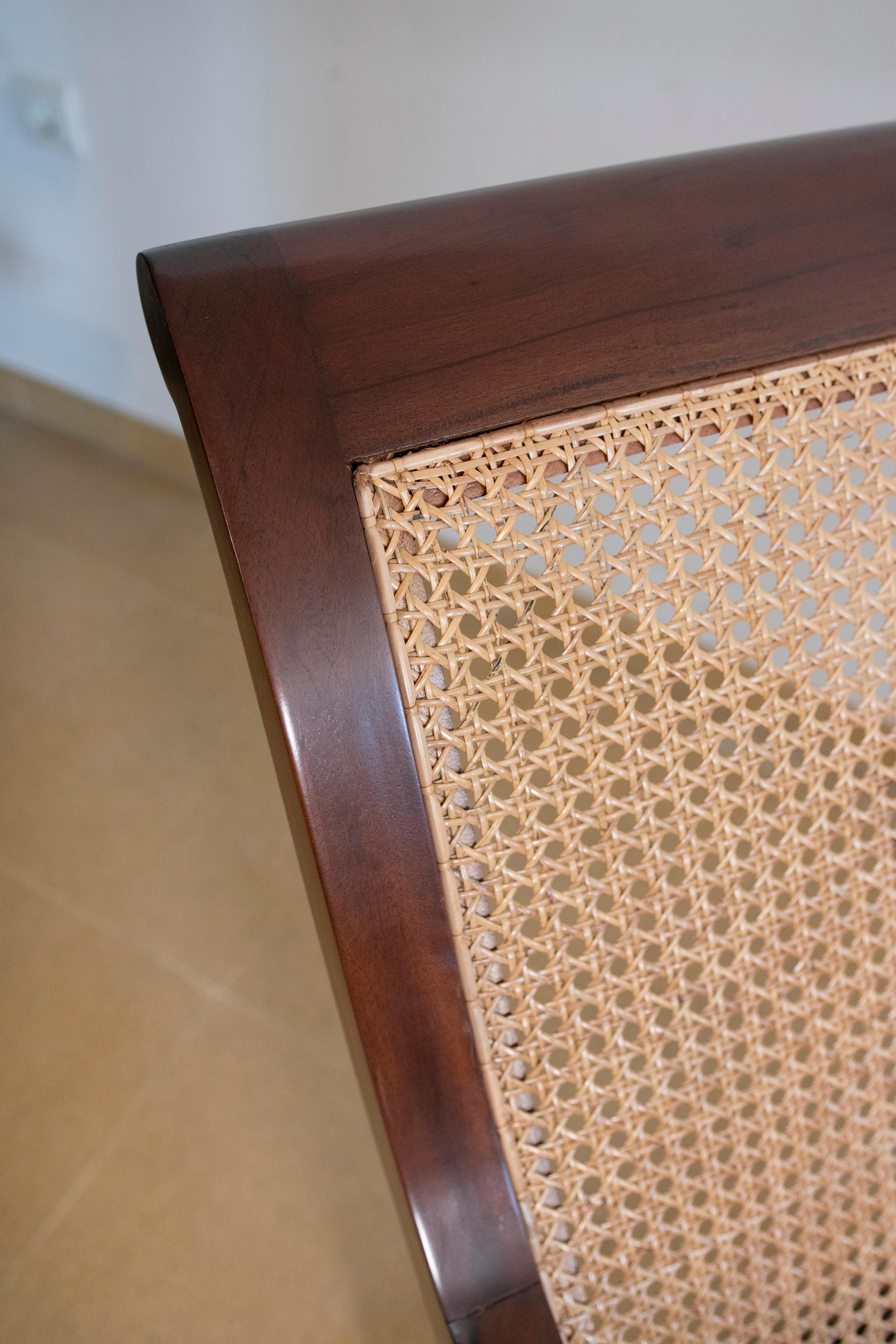 Pair of Mahogany Wooden Armchairs with Wicker Grid Seats For Sale 4