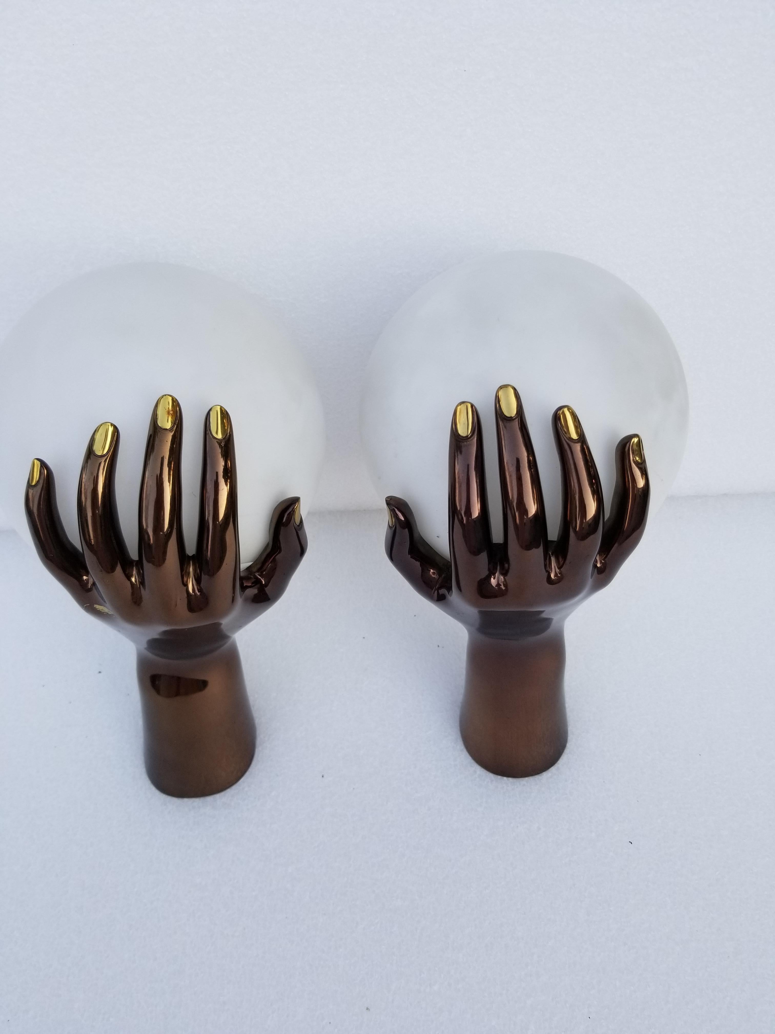 Pair of Maison Arlus Bronze Hand Sconces In Good Condition In Miami, FL