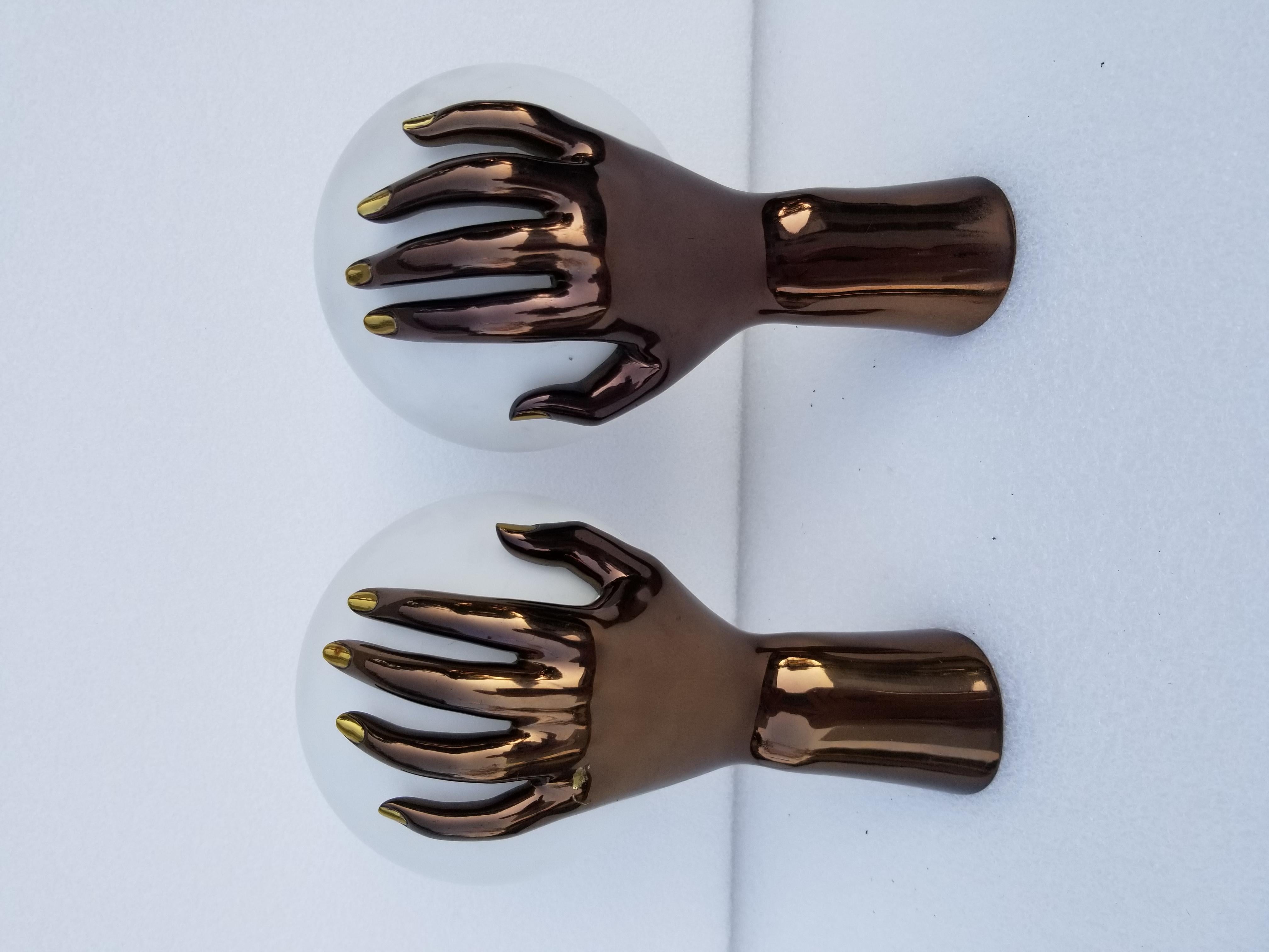 Mid-20th Century Pair of Maison Arlus Bronze Hand Sconces