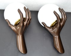Pair of Maison Arlus Bronze Hand Sconces Round Blown Opaline Glass Globe France