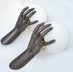 Pair of Maison Arlus Bronze Hand Sconces Round Blown Opaline Glass Globe, France
