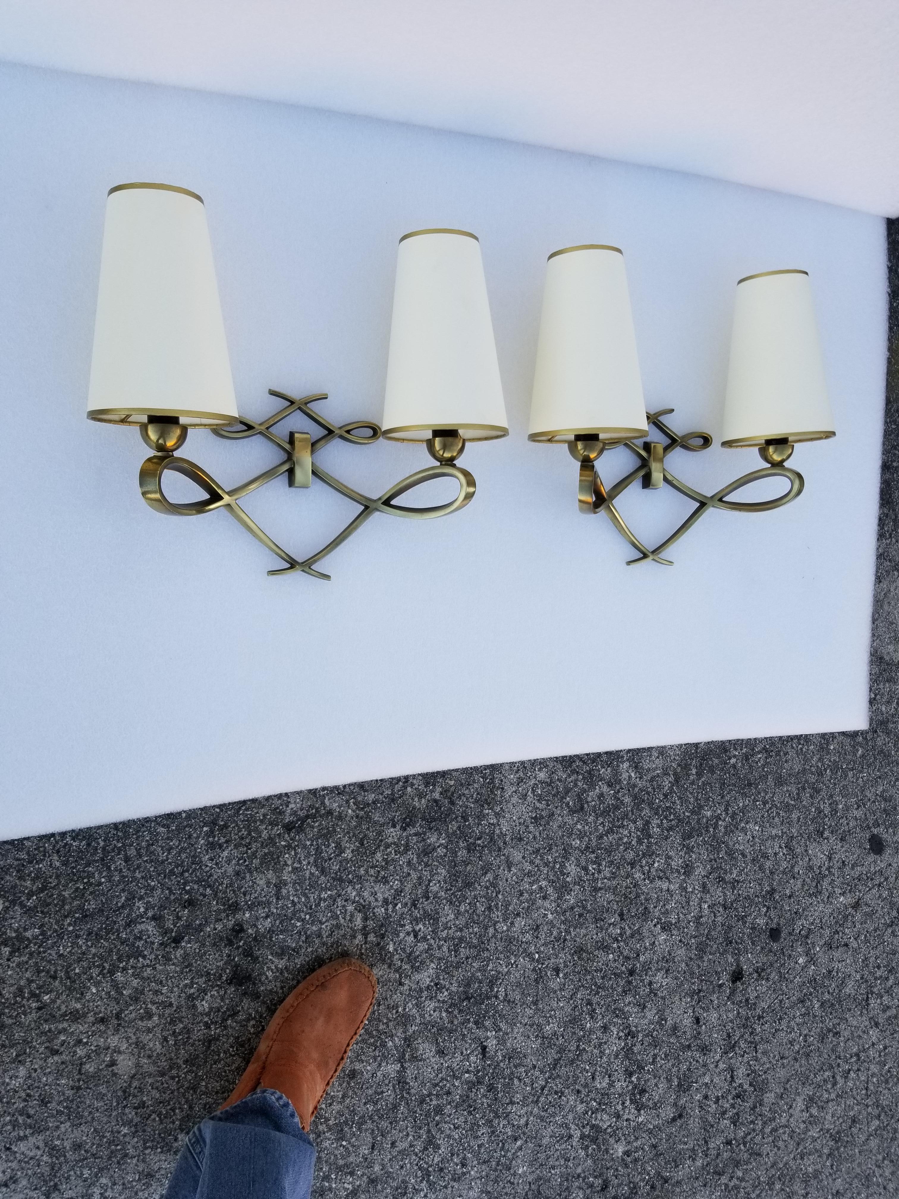 Superb pair of Maison Arlus 2 light sconces, exceptional, 8 pairs Available 
US rewired and in working condition
Custom backplate available
New shades, identical to the  vintage original.