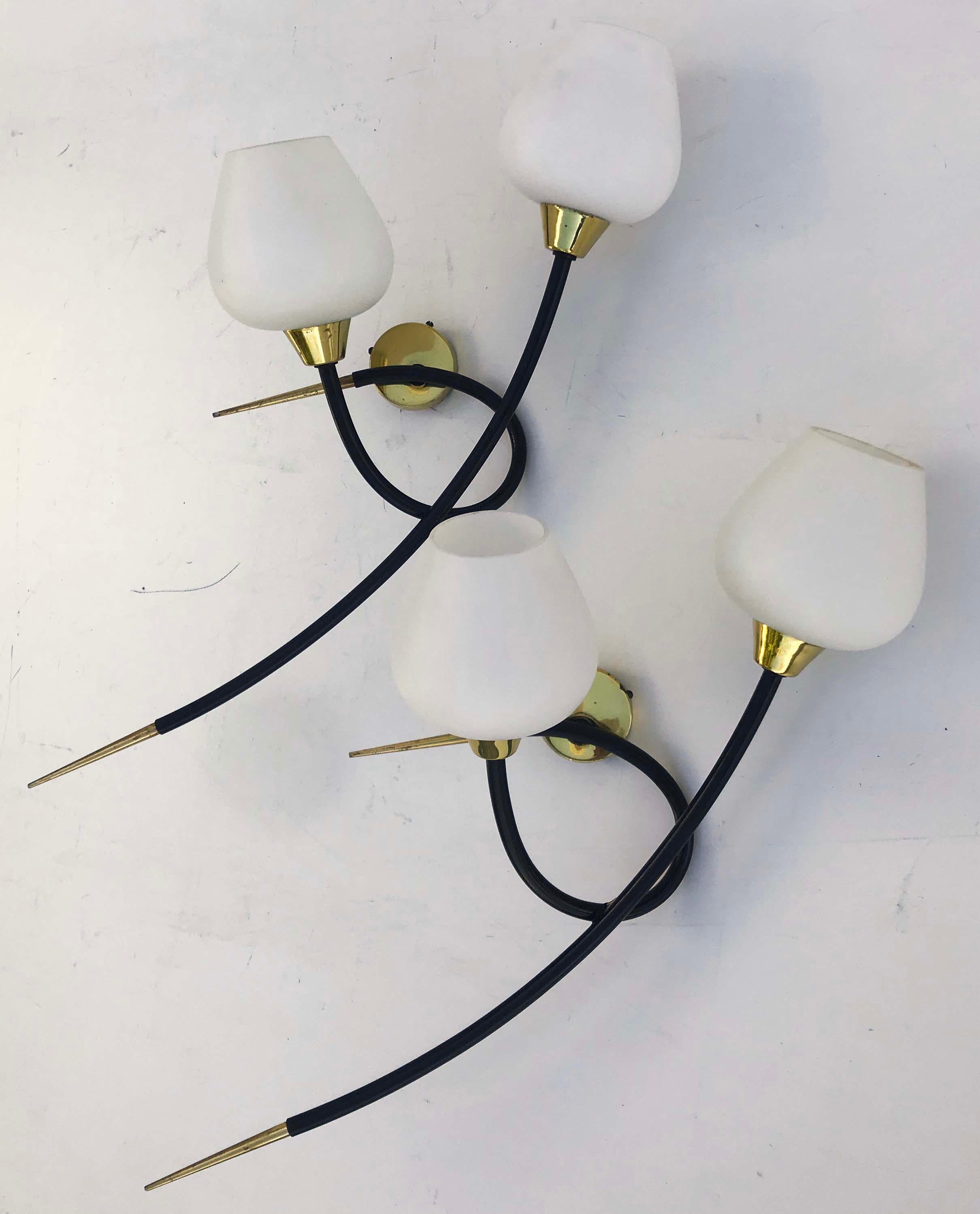 Superb pair of Maison Arlus sconces 
US rewired and in working condition.
2 lights , 25 watts max bulb.
Back plate: 2.5