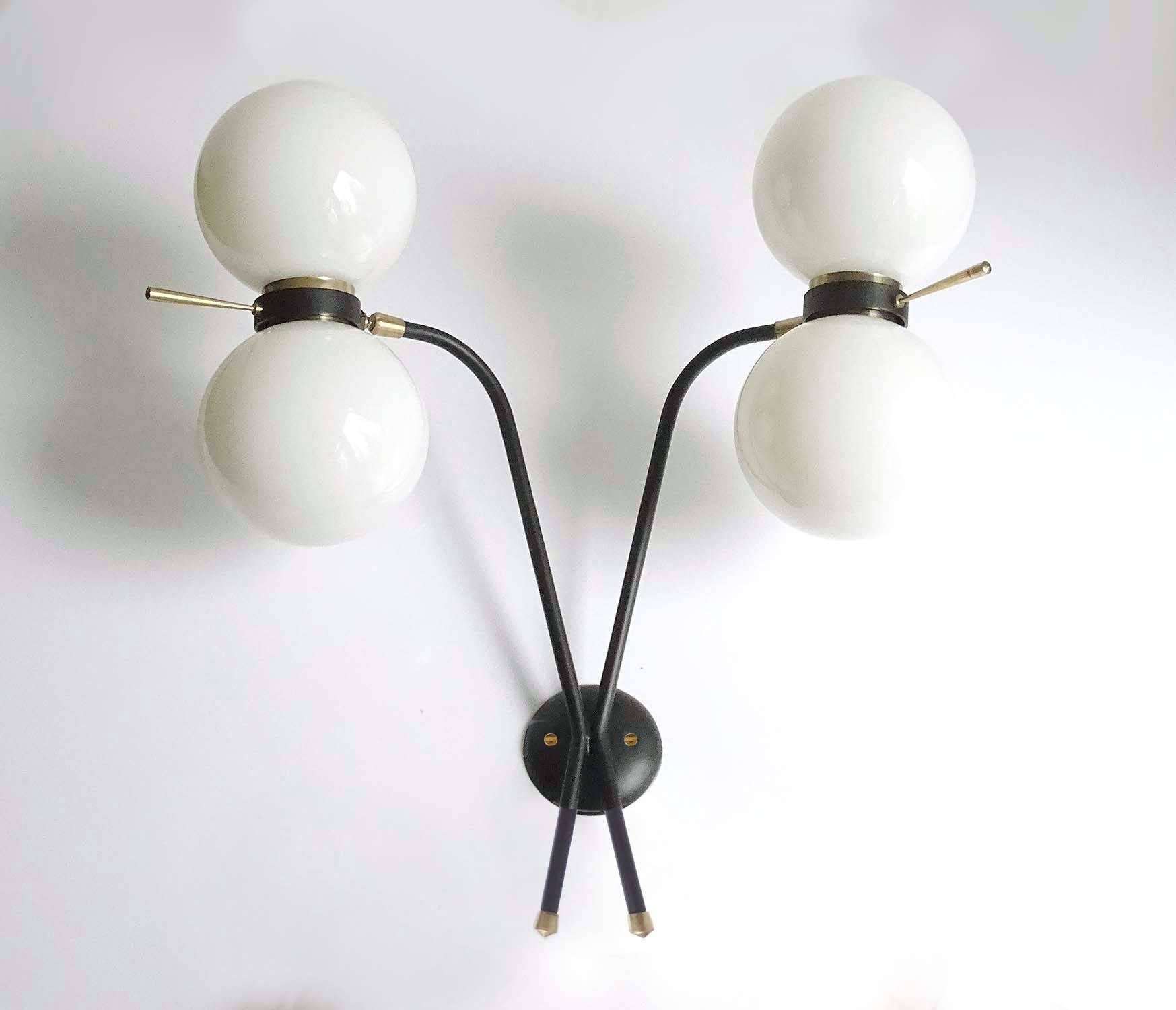 Mid-Century Modern Pair of Large MidCentury French Maison Arlus Brass Glass Sconces, 1960s 
