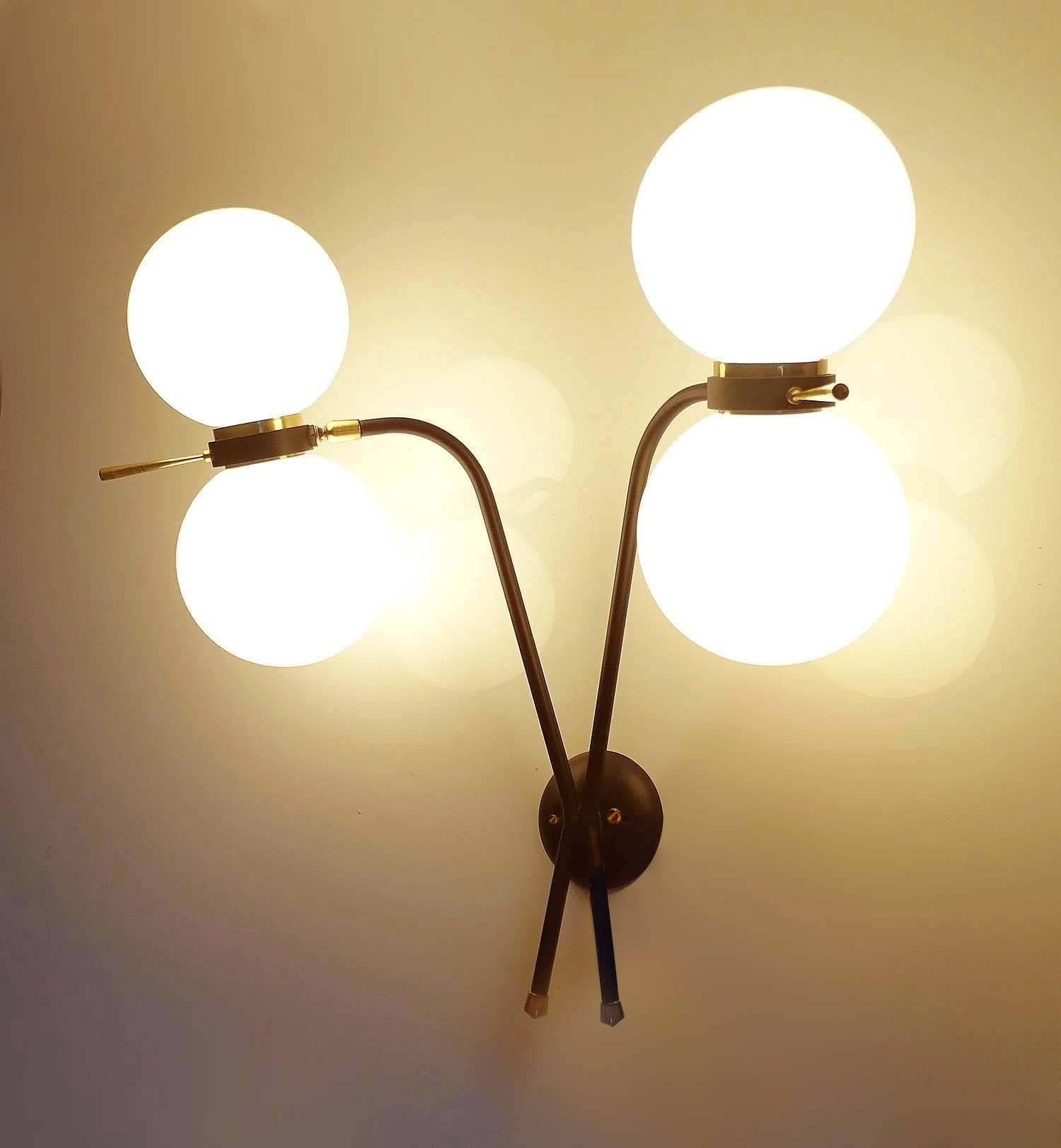Pair of Large MidCentury French Maison Arlus Brass Glass Sconces, 1960s  In Excellent Condition In Bremen, DE