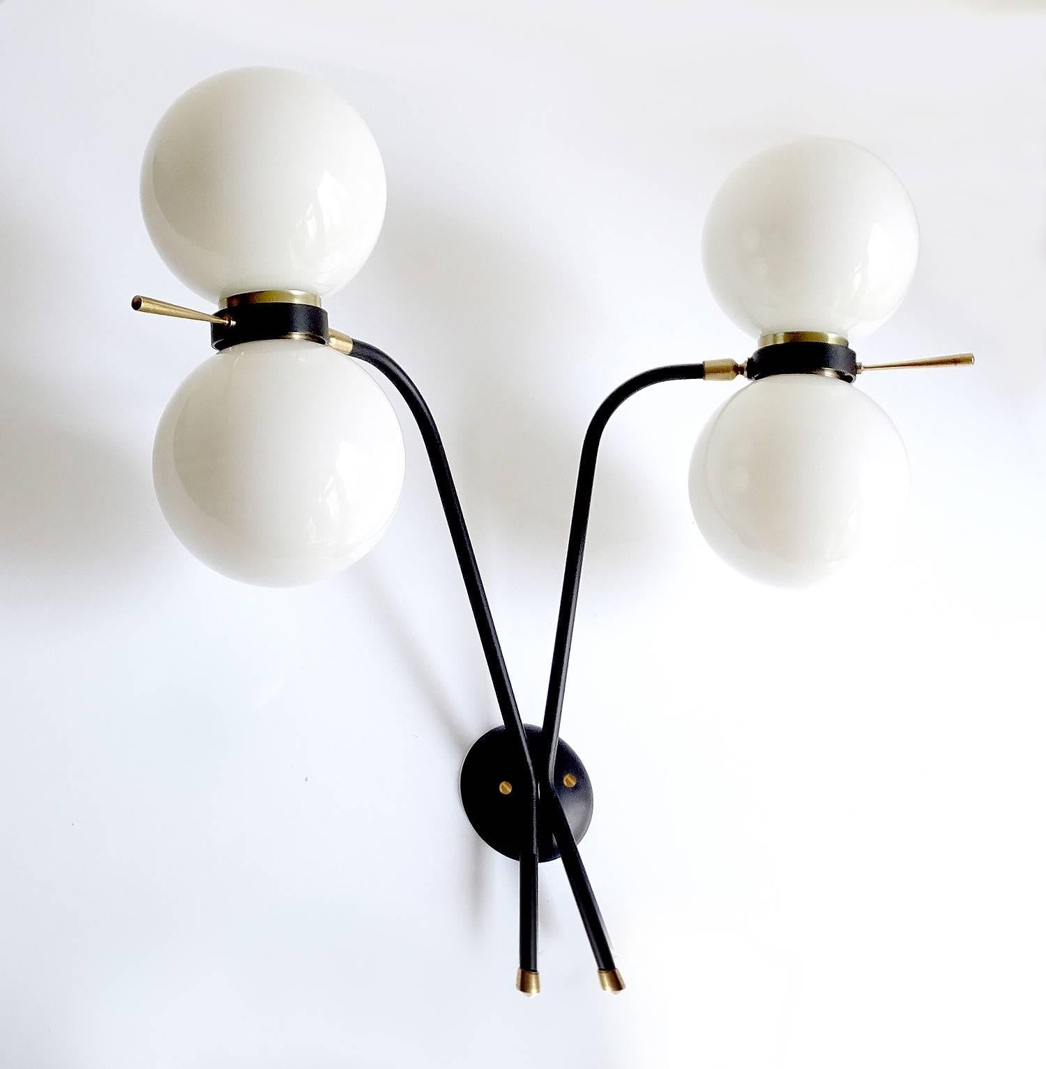 Mid-20th Century Pair of Large MidCentury French Maison Arlus Brass Glass Sconces, 1960s 
