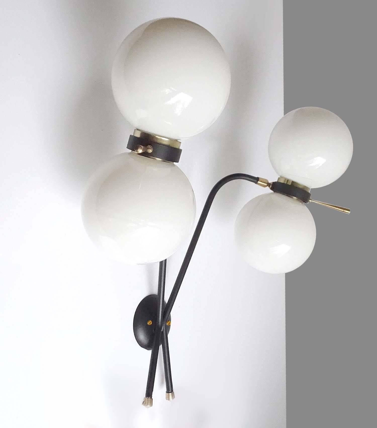 Pair of Large MidCentury French Maison Arlus Brass Glass Sconces, 1960s  2