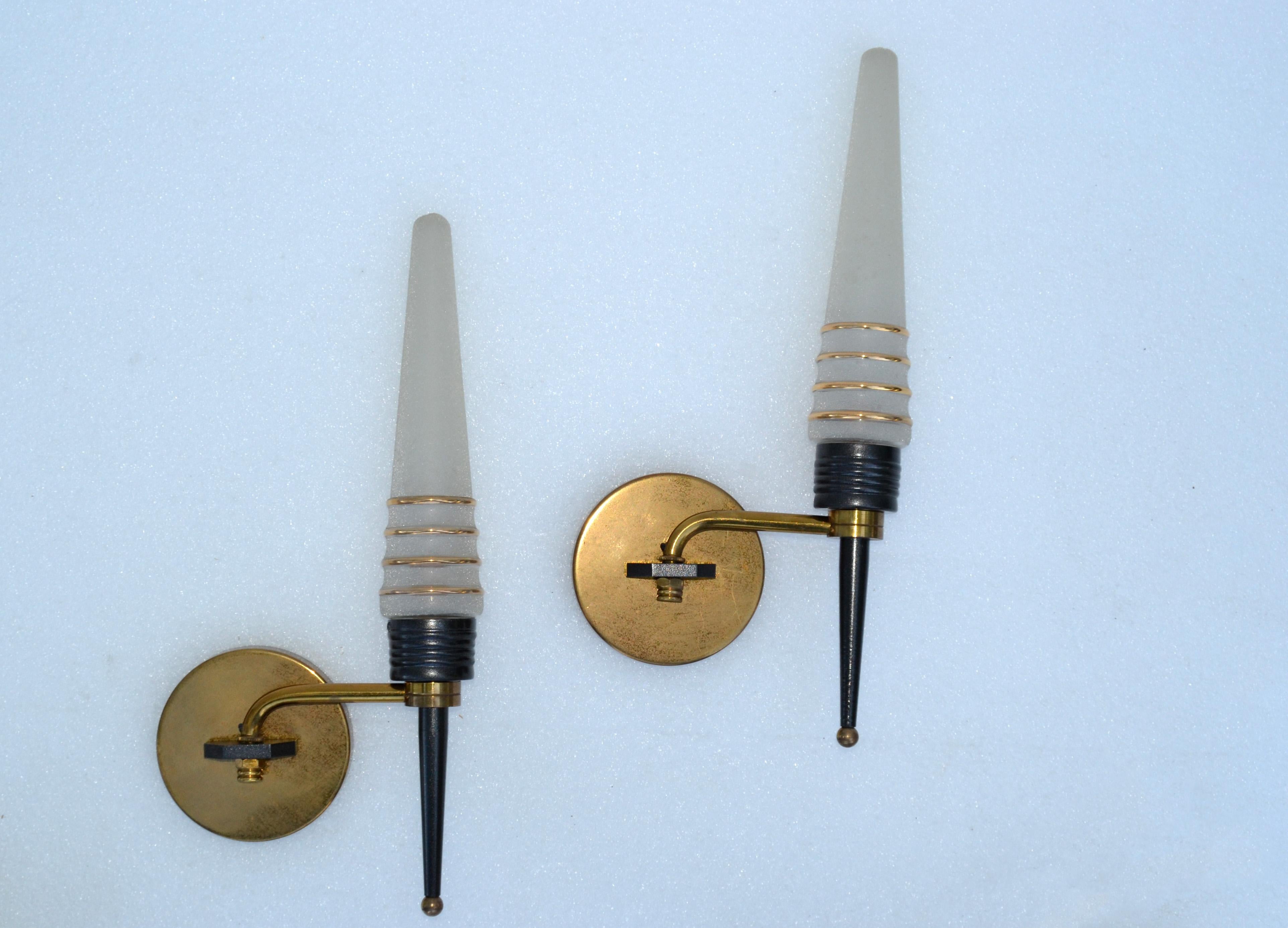 Pair of Maison Arlus Swing Arm Sconces Brass & Frosted Glass Cone Shades 1950 For Sale 8