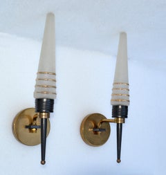 Pair of Maison Arlus Swing Arm Sconces Brass & Frosted Glass Cone Shades 1950