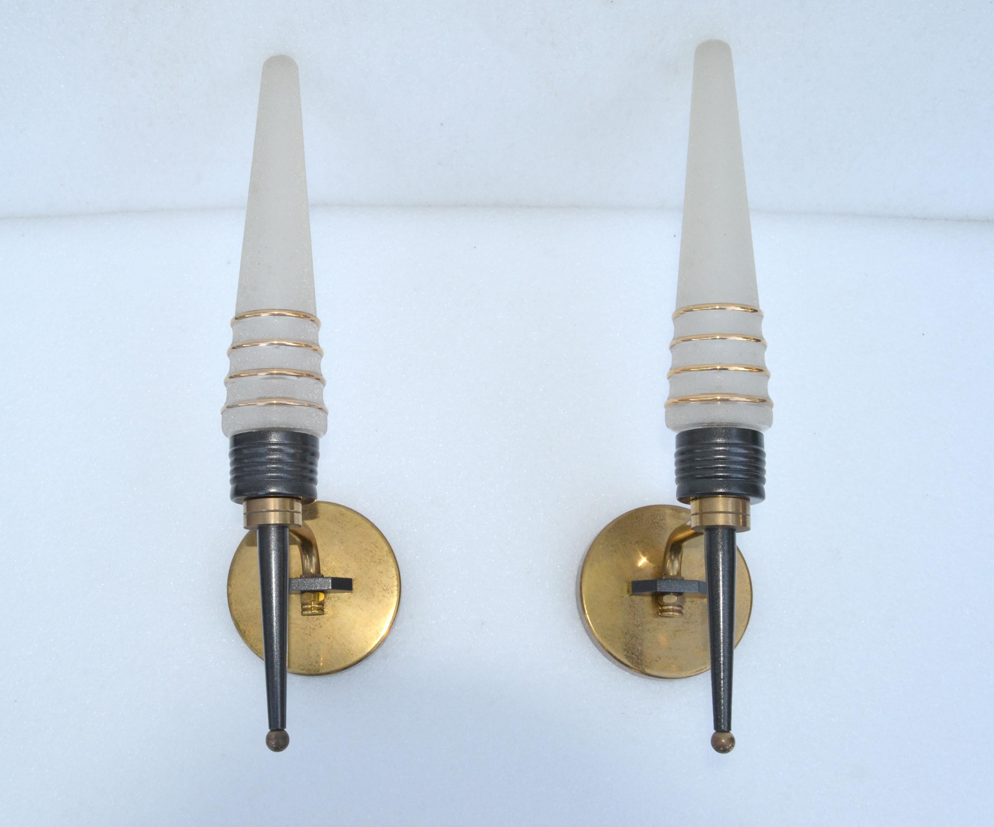 Mid-Century Modern Pair of Maison Arlus Swing Arm Sconces Brass & Frosted Glass Cone Shades 1950 For Sale
