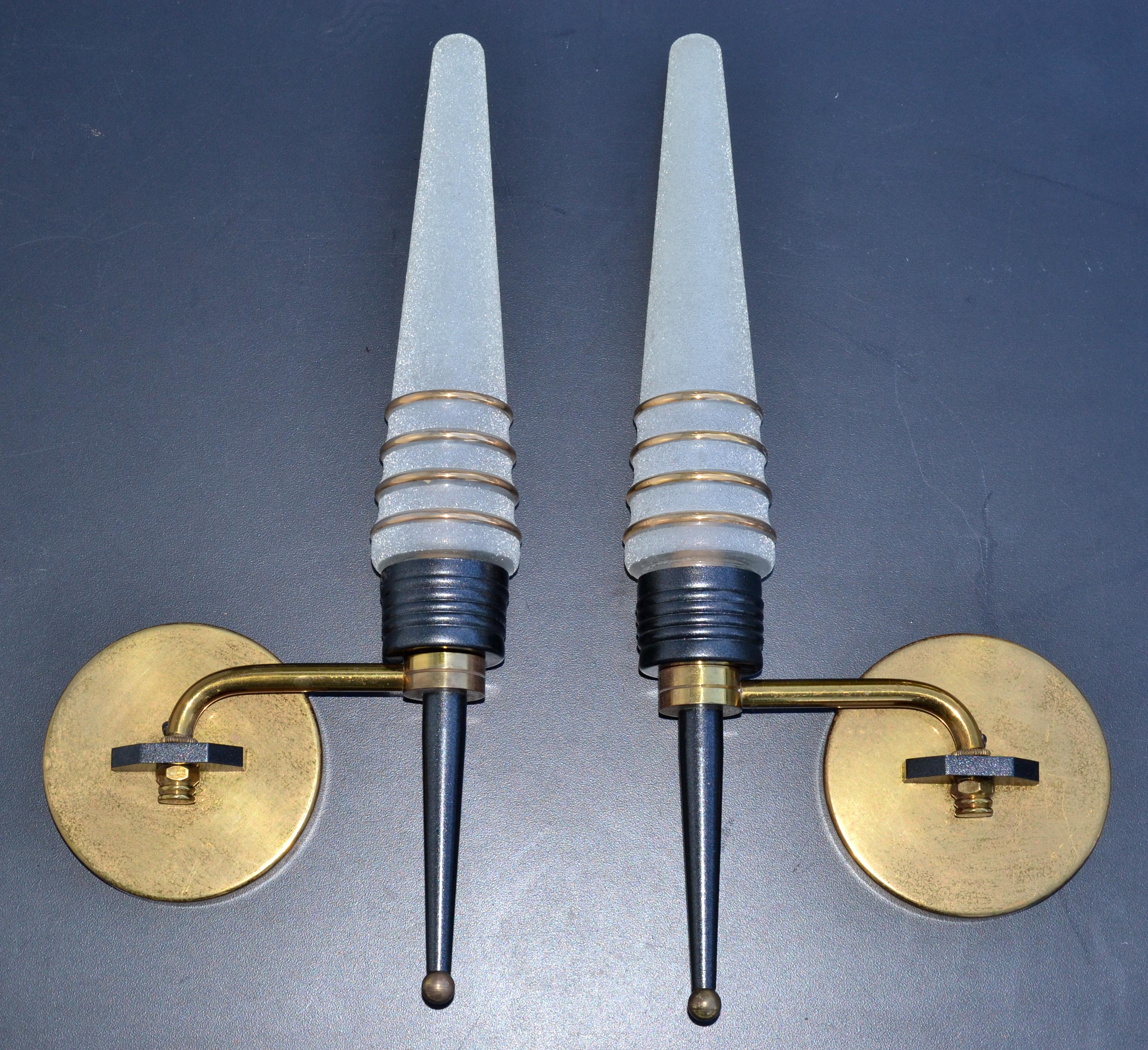 French Pair of Maison Arlus Swing Arm Sconces Brass & Frosted Glass Cone Shades 1950 For Sale