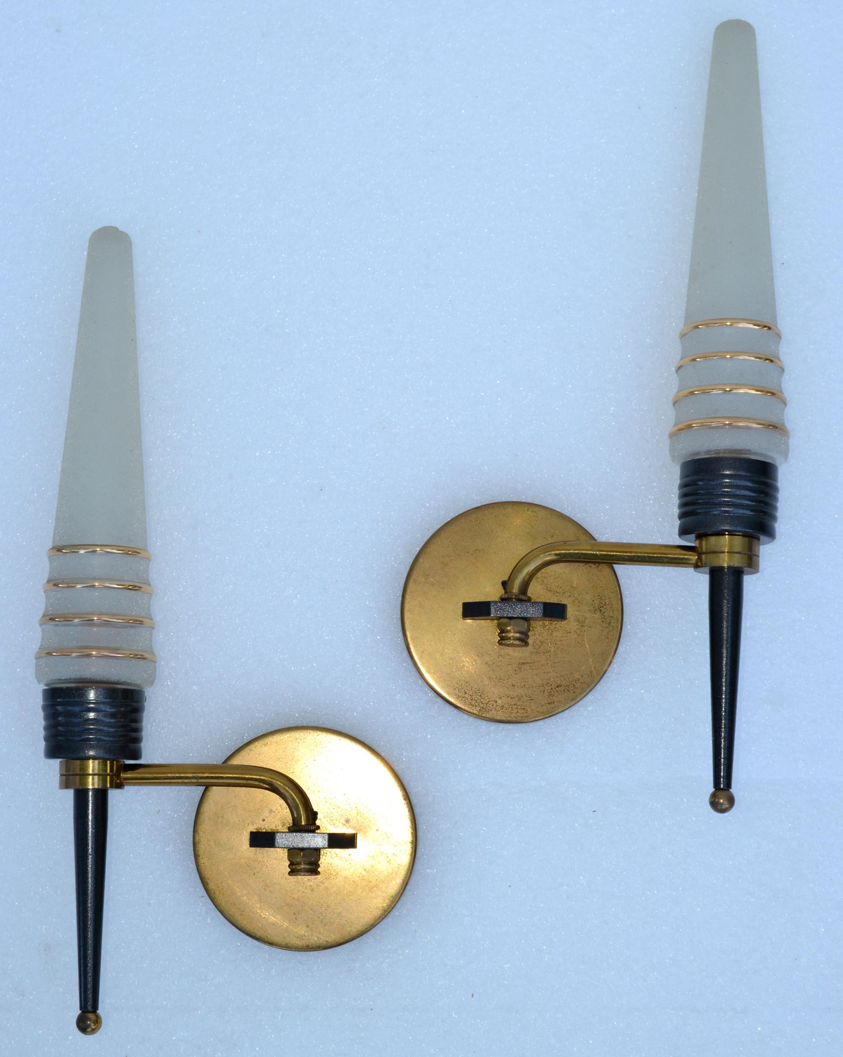 Mid-20th Century Pair of Maison Arlus Swing Arm Sconces Brass & Frosted Glass Cone Shades 1950 For Sale