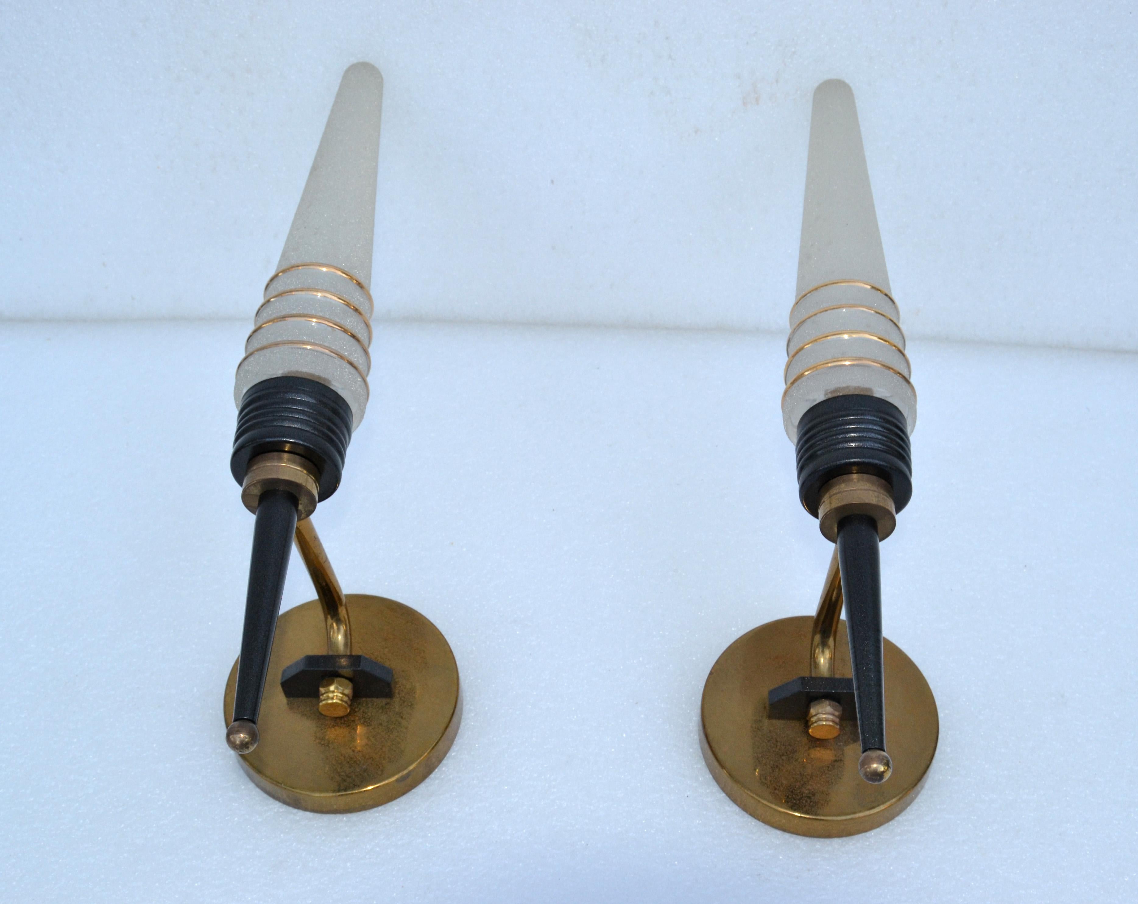 Pair of Maison Arlus Swing Arm Sconces Brass & Frosted Glass Cone Shades 1950 For Sale 1