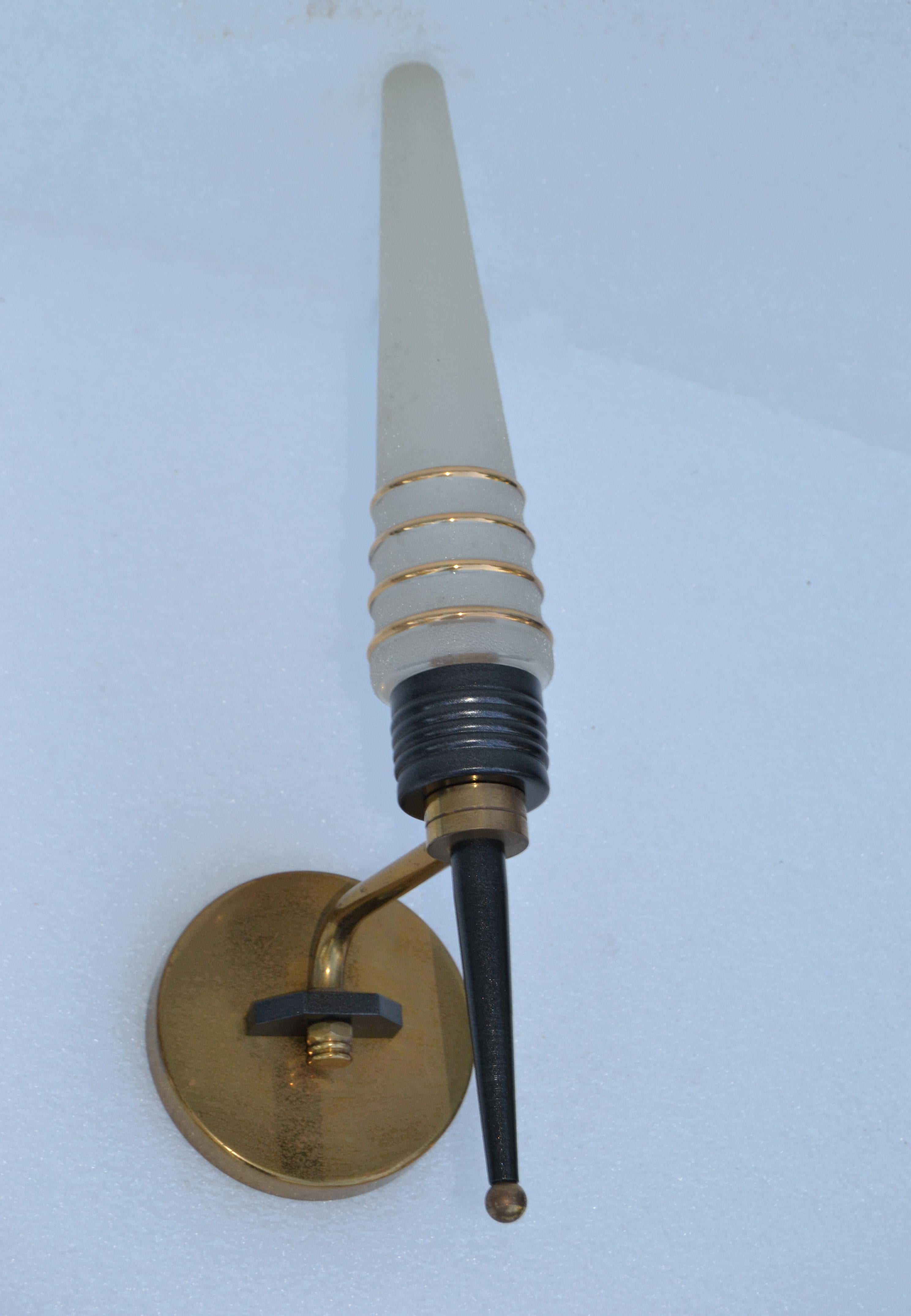 Pair of Maison Arlus Swing Arm Sconces Brass & Frosted Glass Cone Shades 1950 For Sale 3