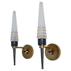 Pair of Maison Arlus Swing Arm Sconces Brass & Frosted Glass Cone Shades 1950