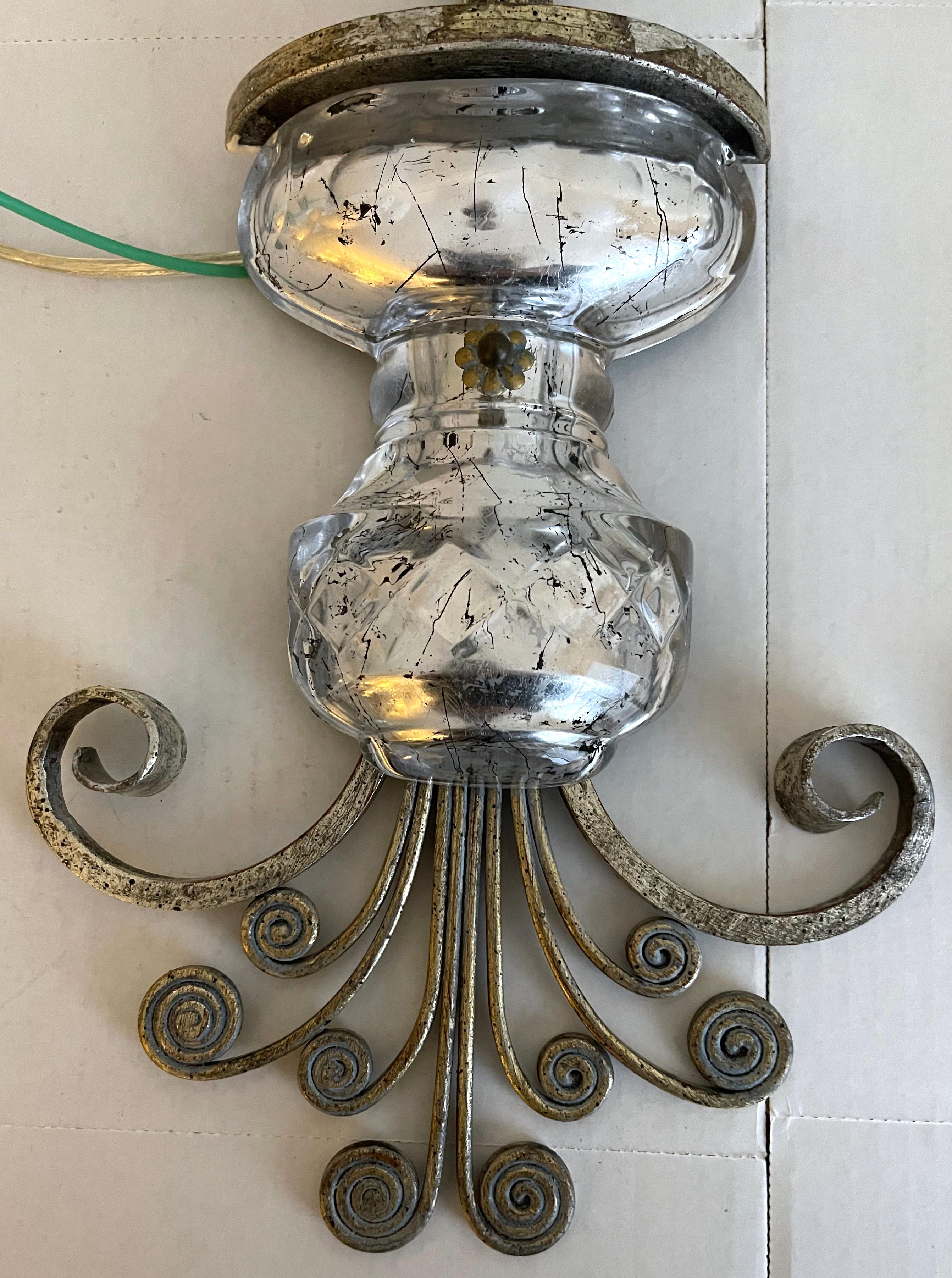 Hollywood Regency Pair of Maison Bagues Attributed Glass Sconces For Sale