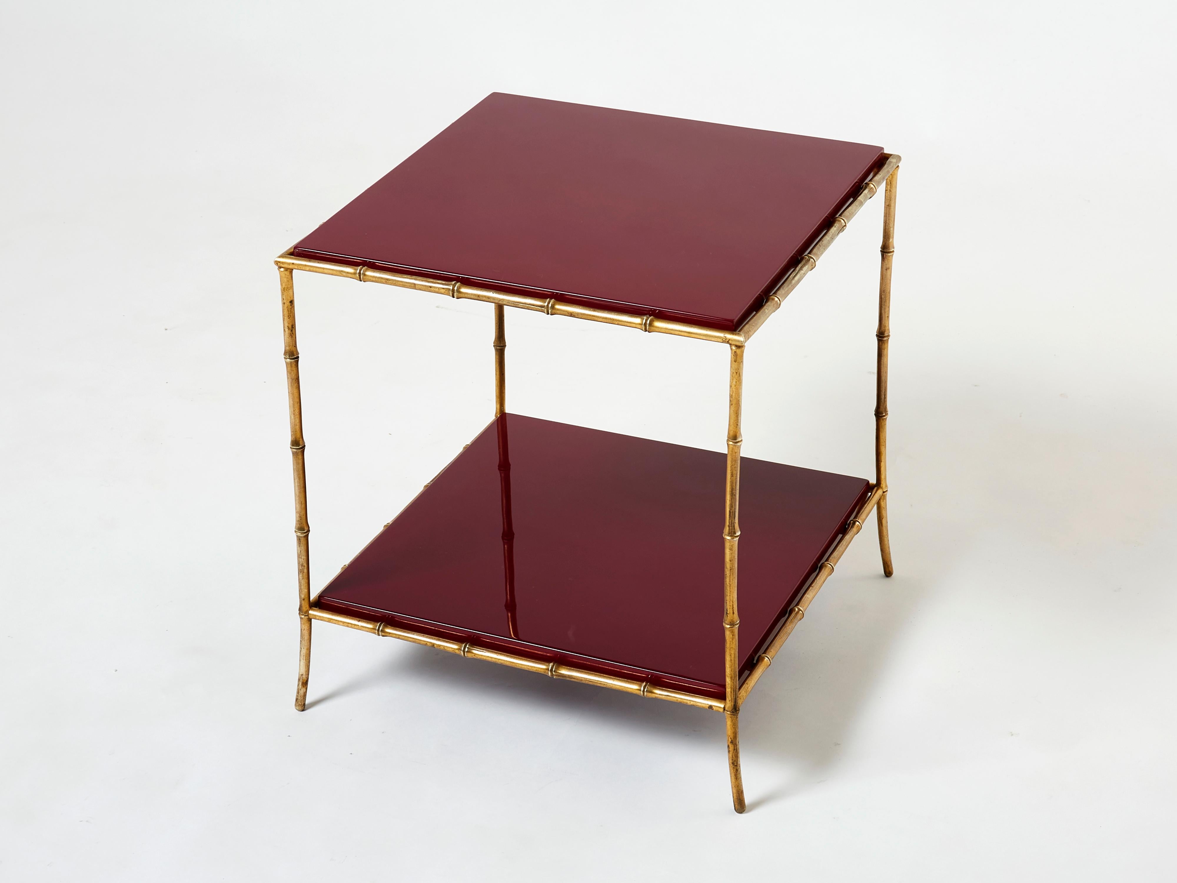 Pair of Maison Baguès Bamboo Brass Red Lacquer End Tables, 1960s 4