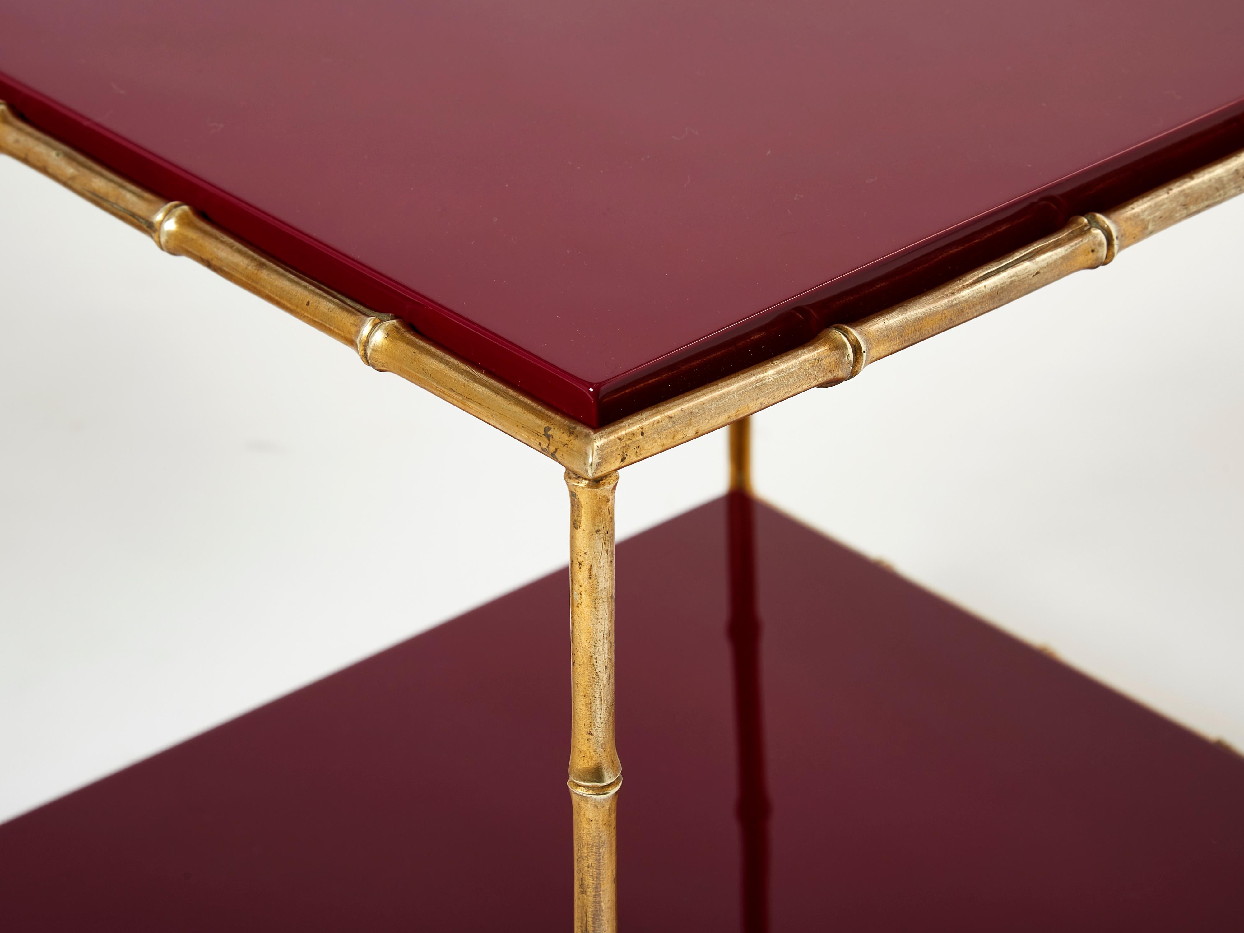 Pair of Maison Baguès Bamboo Brass Red Lacquer End Tables, 1960s 5