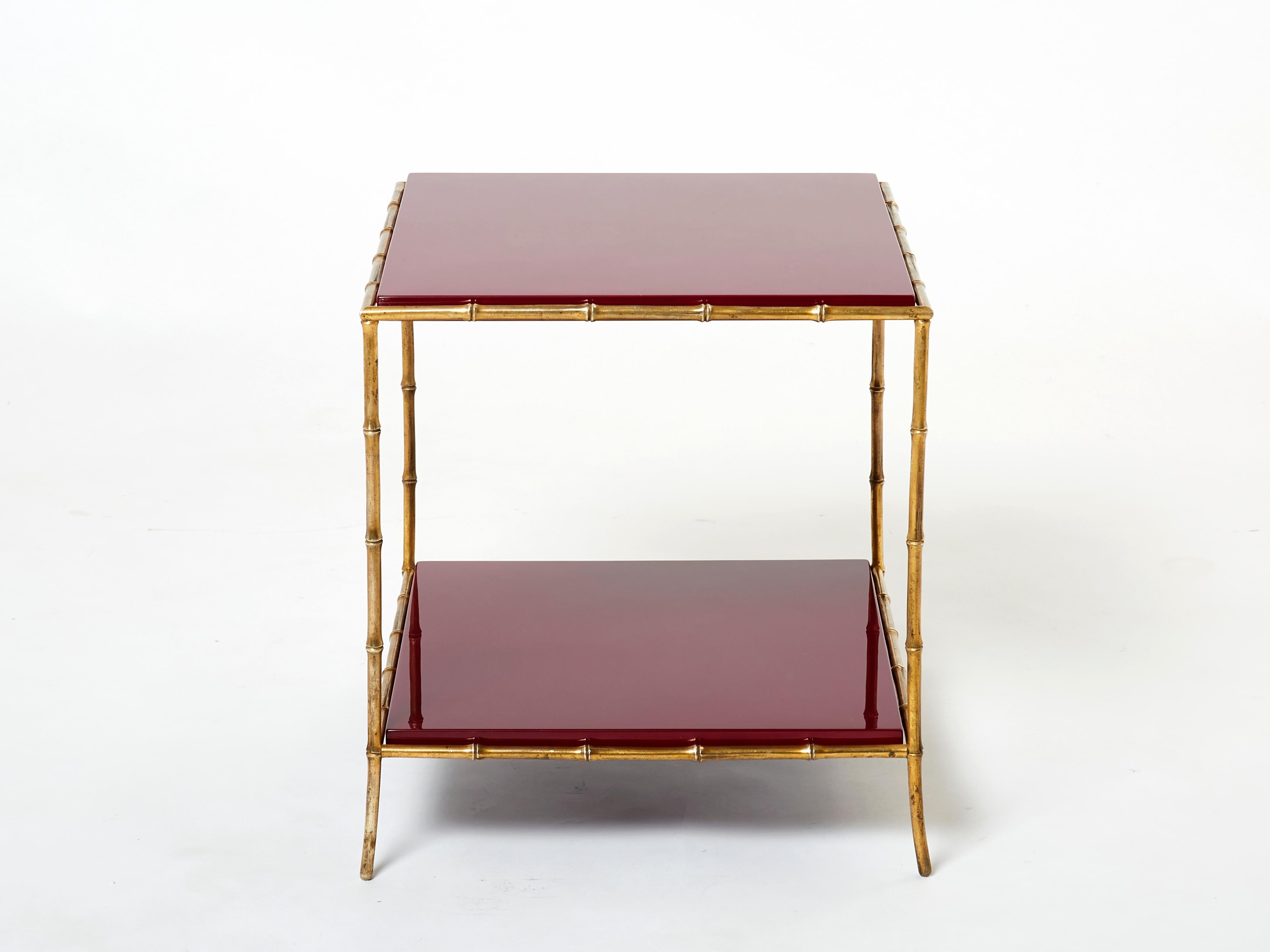 Pair of Maison Baguès Bamboo Brass Red Lacquer End Tables, 1960s 6