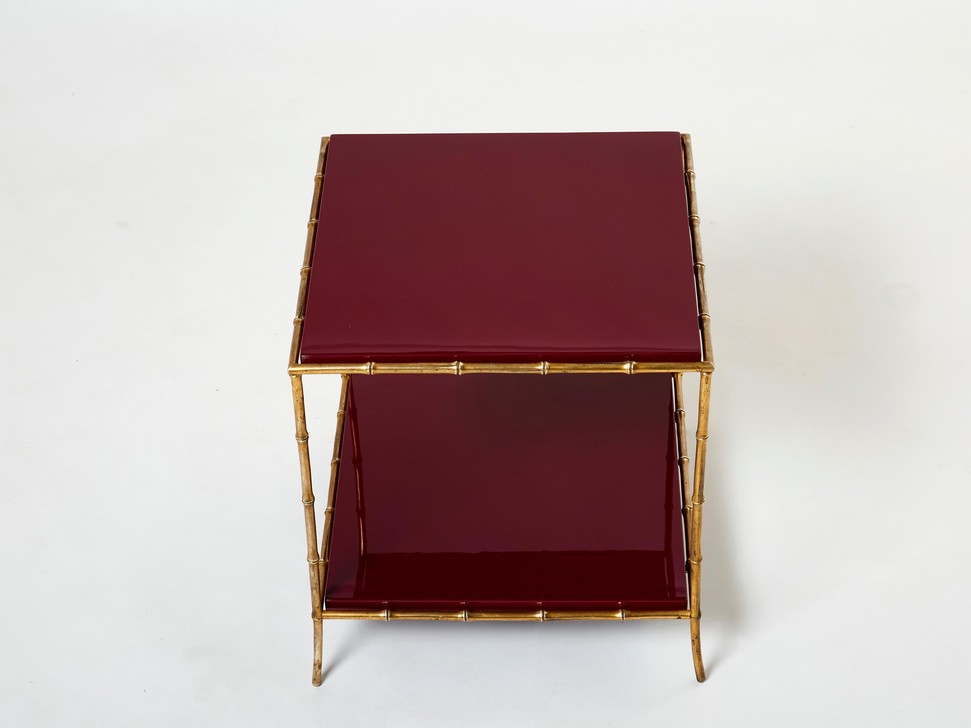 Pair of Maison Baguès Bamboo Brass Red Lacquer End Tables, 1960s 8