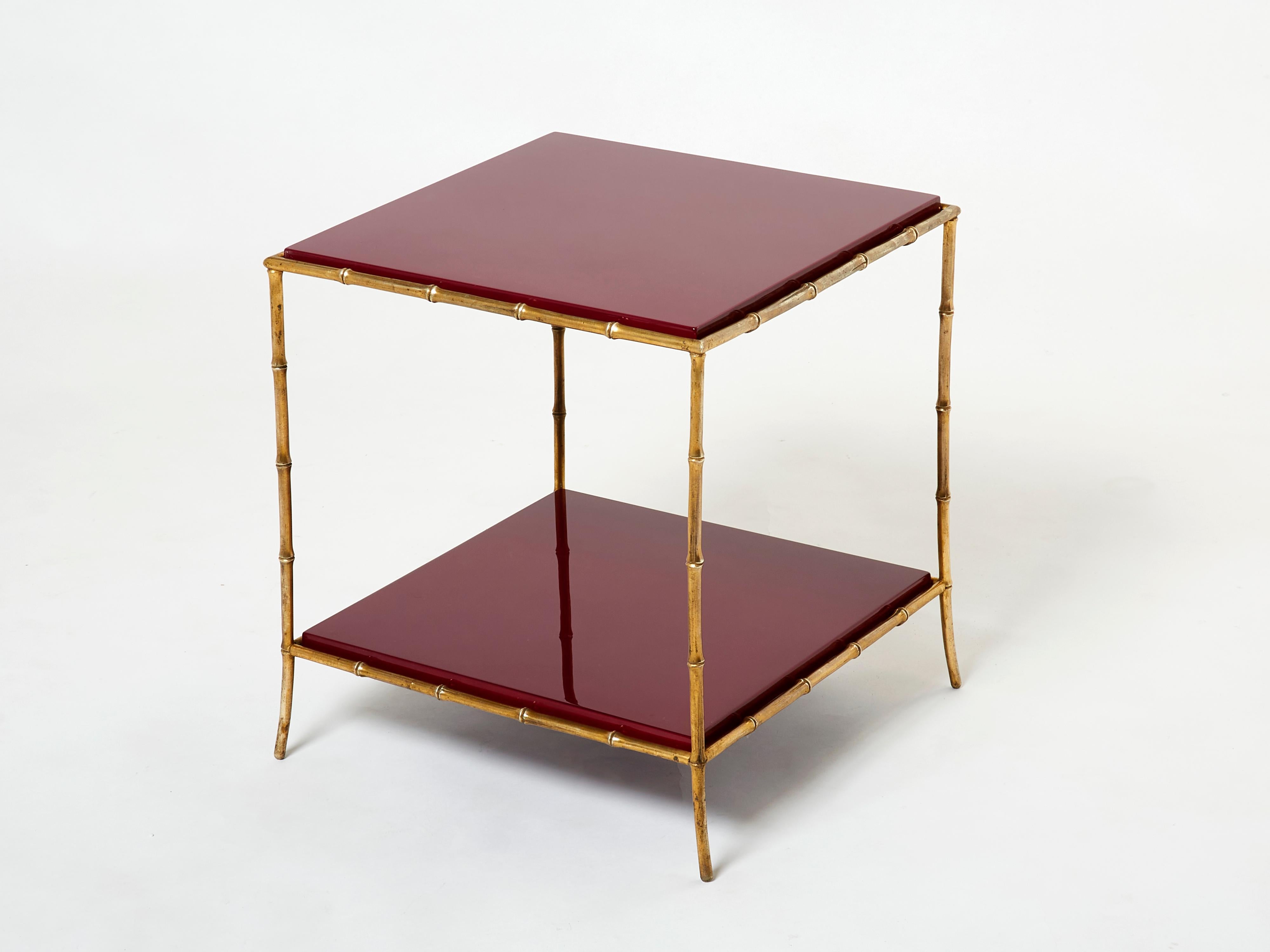 Pair of Maison Baguès Bamboo Brass Red Lacquer End Tables, 1960s 9