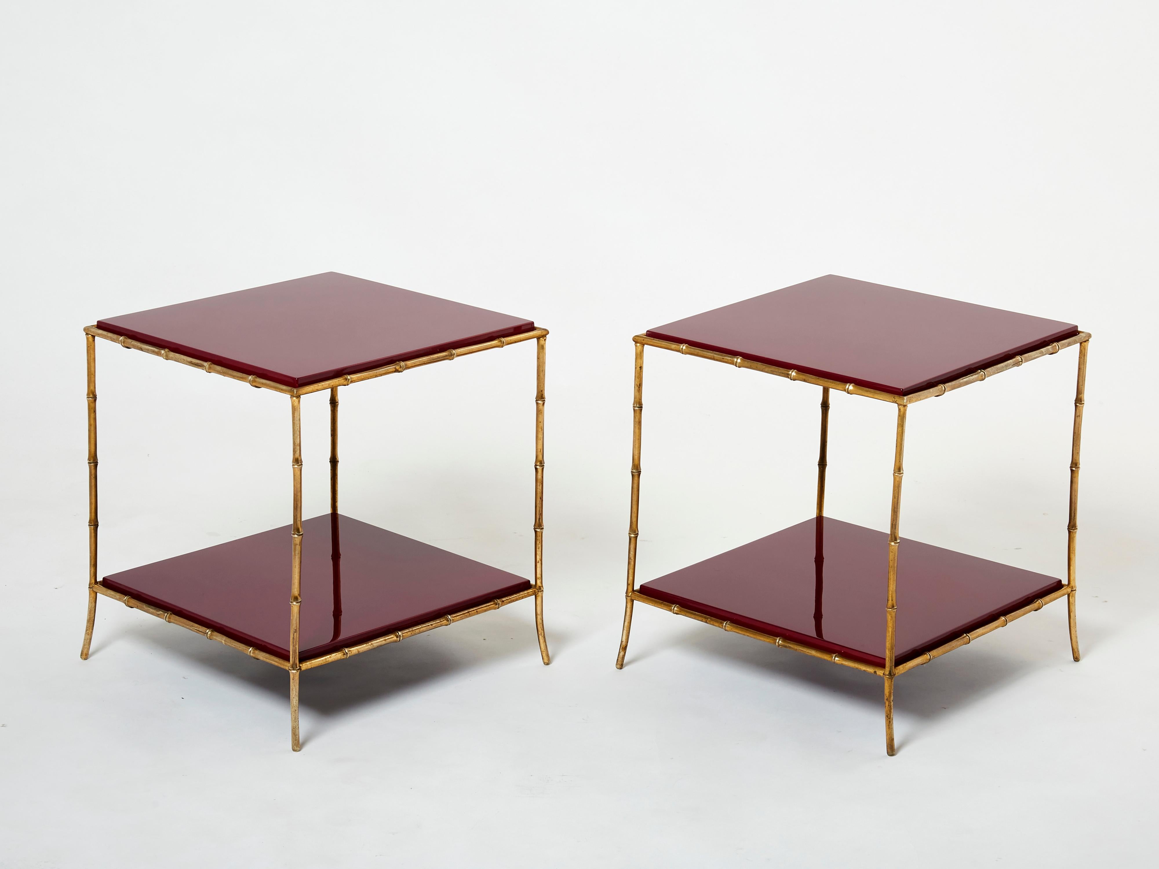 Mid-Century Modern Pair of Maison Baguès Bamboo Brass Red Lacquer End Tables, 1960s