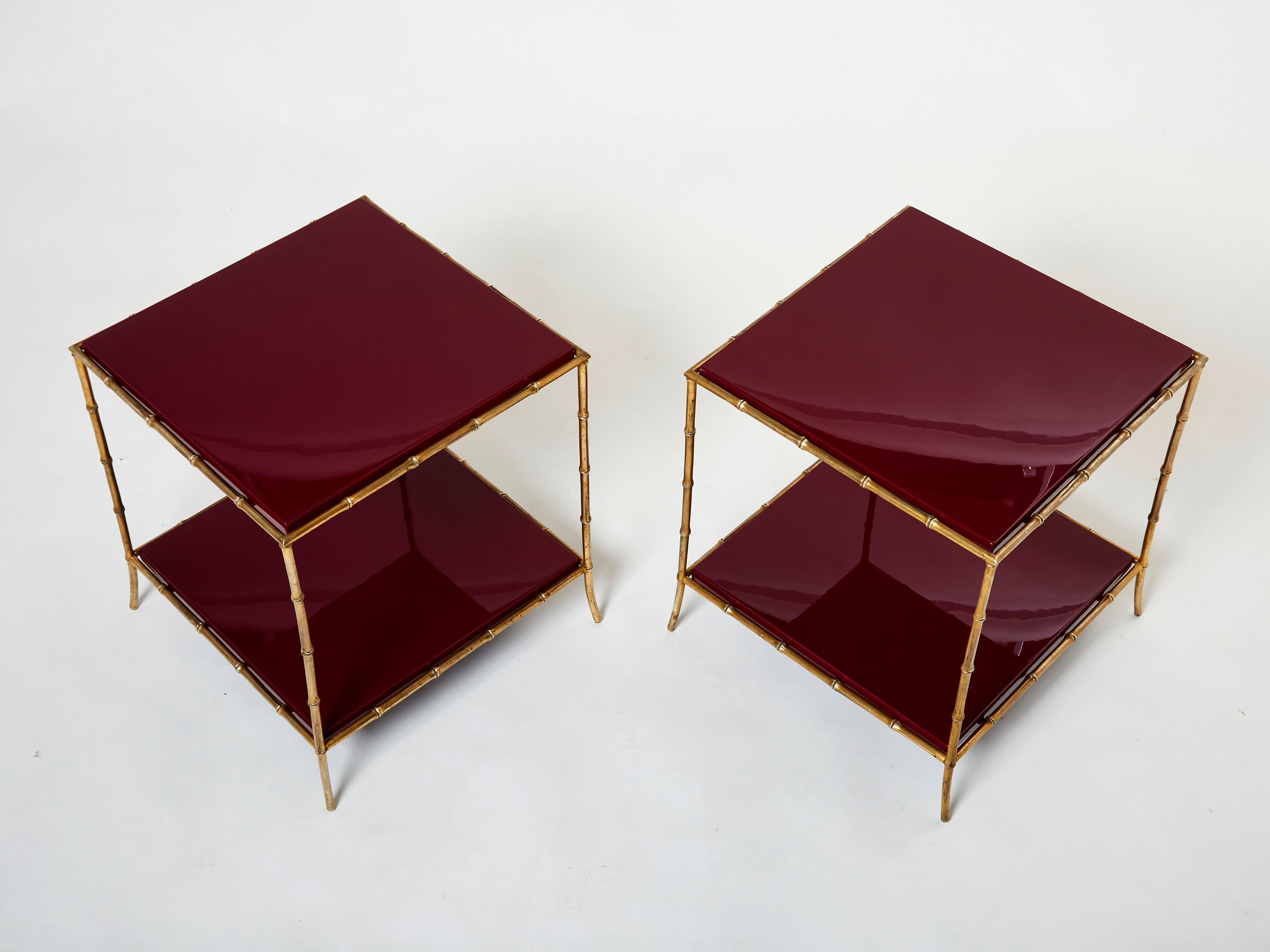 French Pair of Maison Baguès Bamboo Brass Red Lacquer End Tables, 1960s