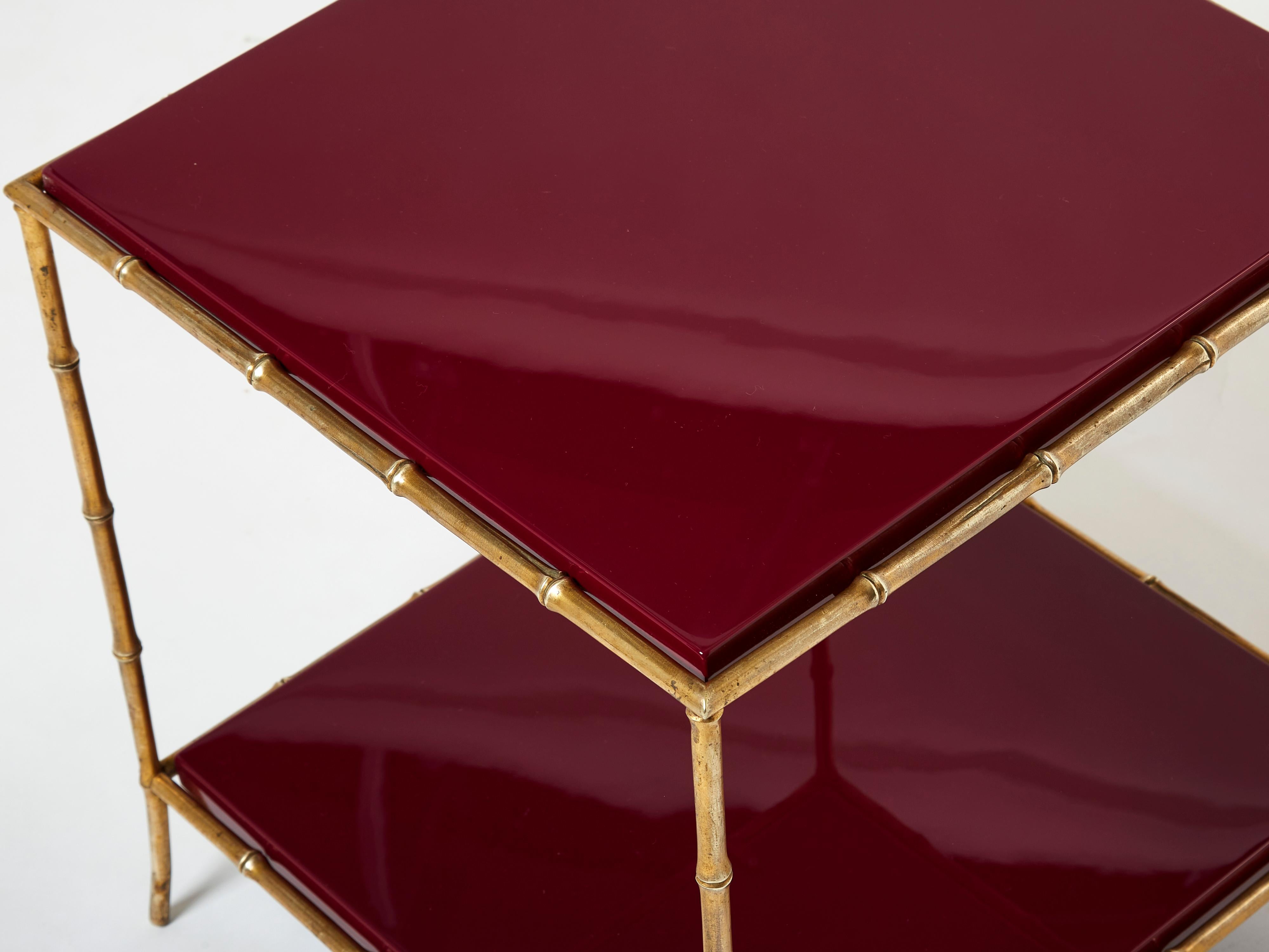 Pair of Maison Baguès Bamboo Brass Red Lacquer End Tables, 1960s In Good Condition In Paris, IDF