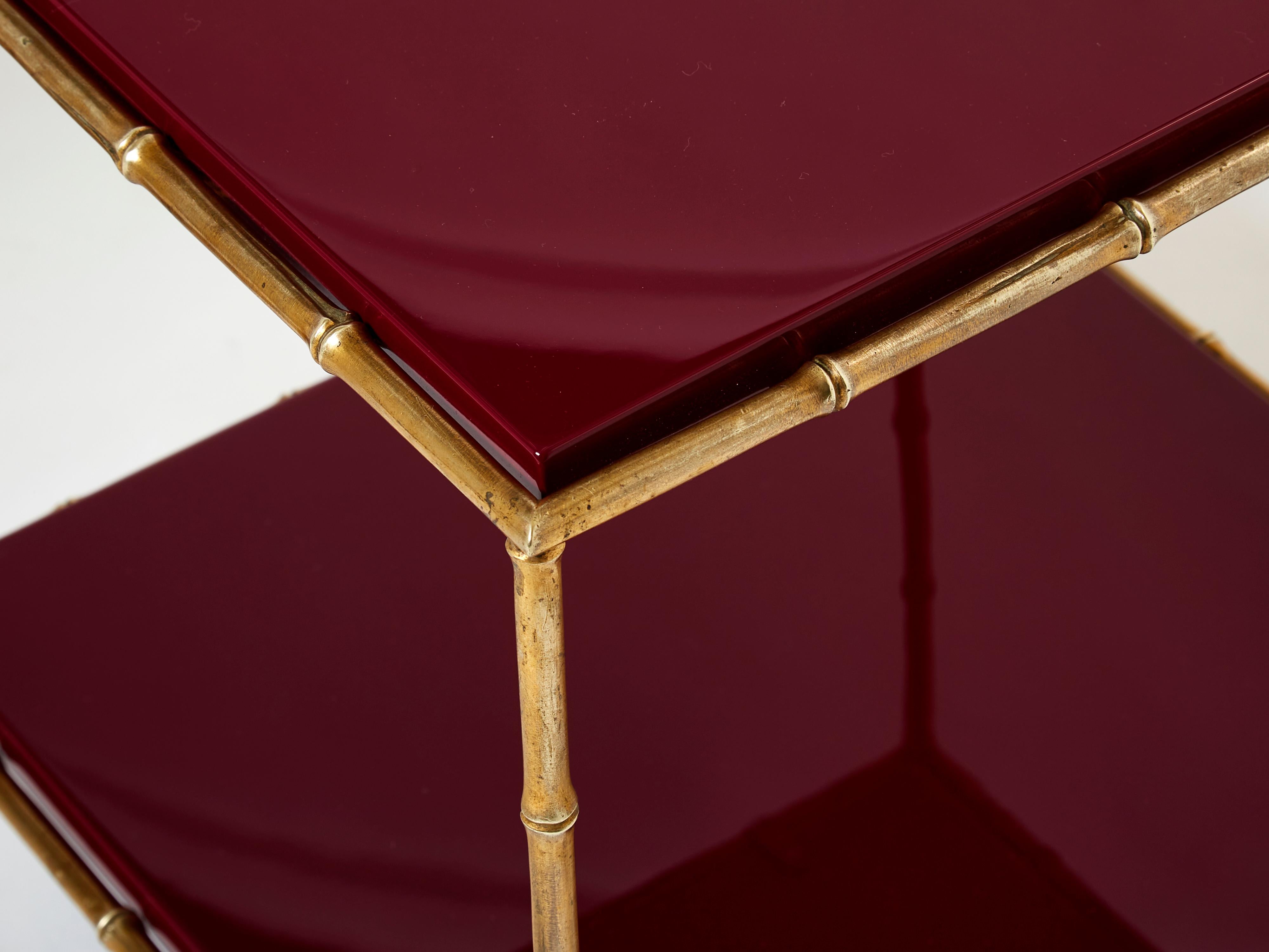 Mid-20th Century Pair of Maison Baguès Bamboo Brass Red Lacquer End Tables, 1960s