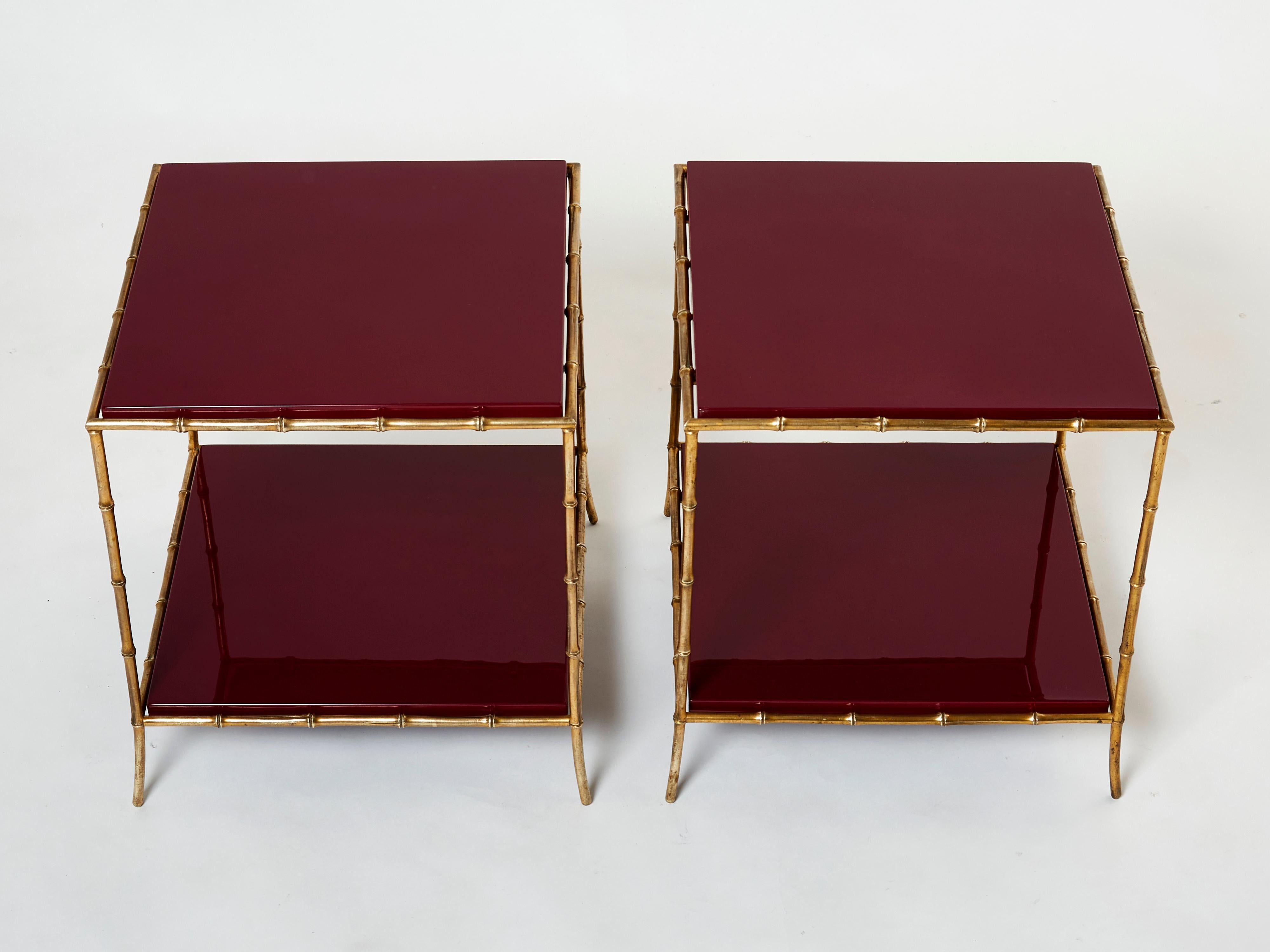 Pair of Maison Baguès Bamboo Brass Red Lacquer End Tables, 1960s 1