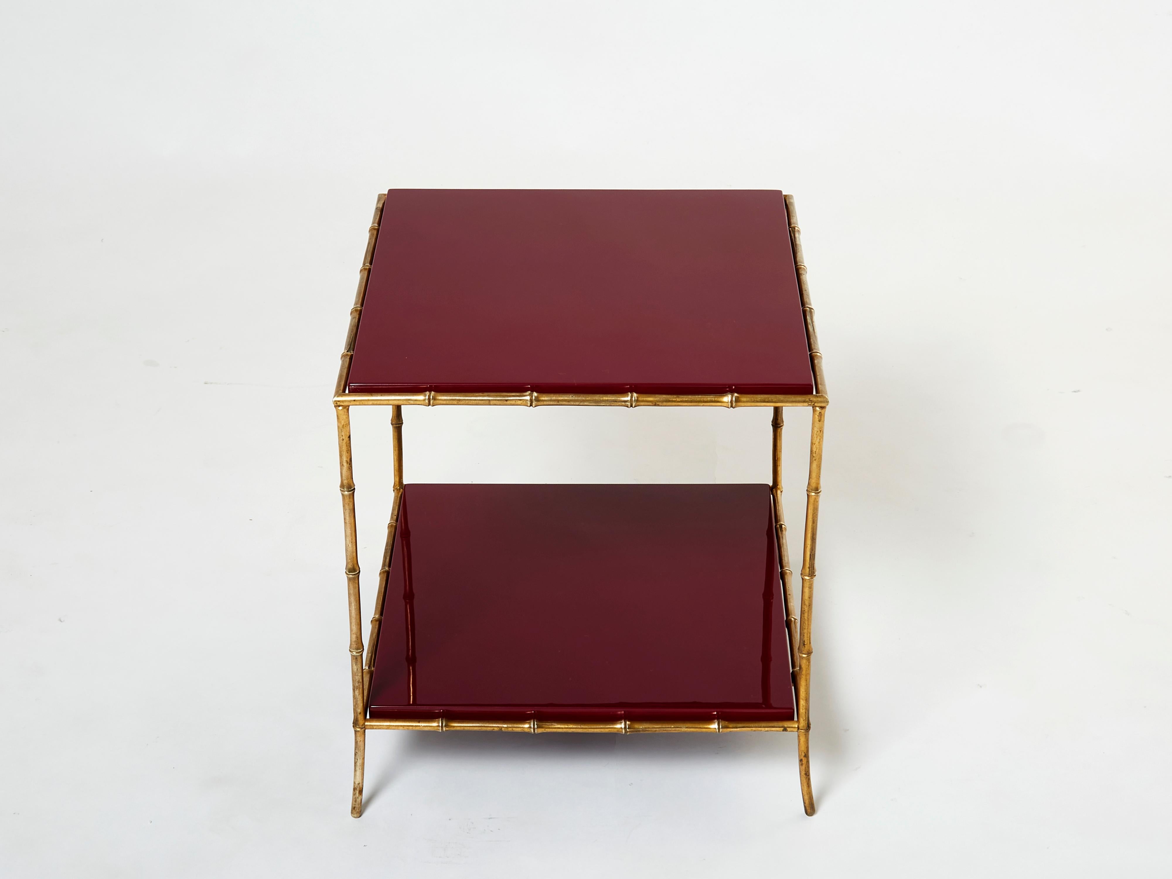 Pair of Maison Baguès Bamboo Brass Red Lacquer End Tables, 1960s 2