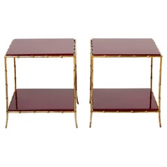 Pair of Maison Baguès Bamboo Brass Red Lacquer End Tables, 1960s