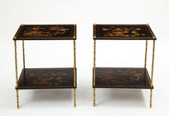 Pair of Maison Baguès Black Lacquer and Gilt Two-Tier Tables