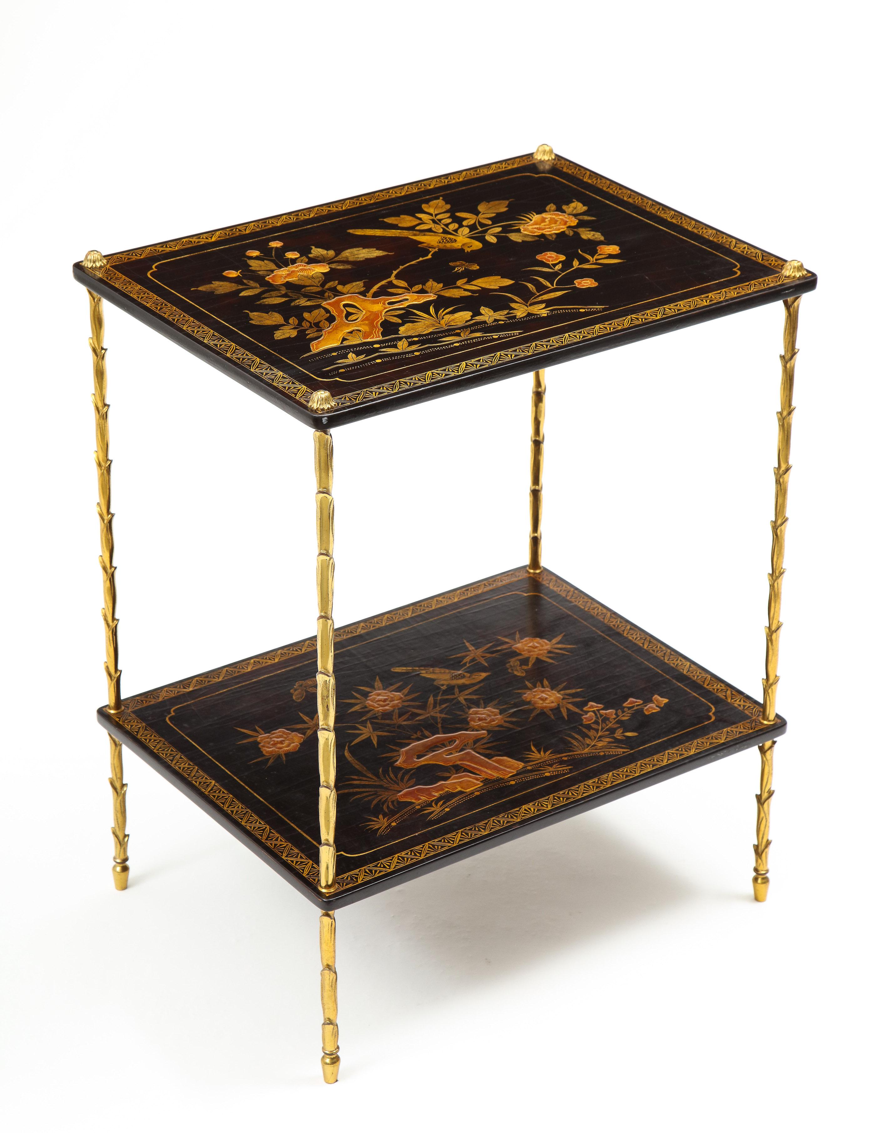 Chinoiserie Pair of Maison Baguès Black Lacquer and Gilt Two-Tier Tables