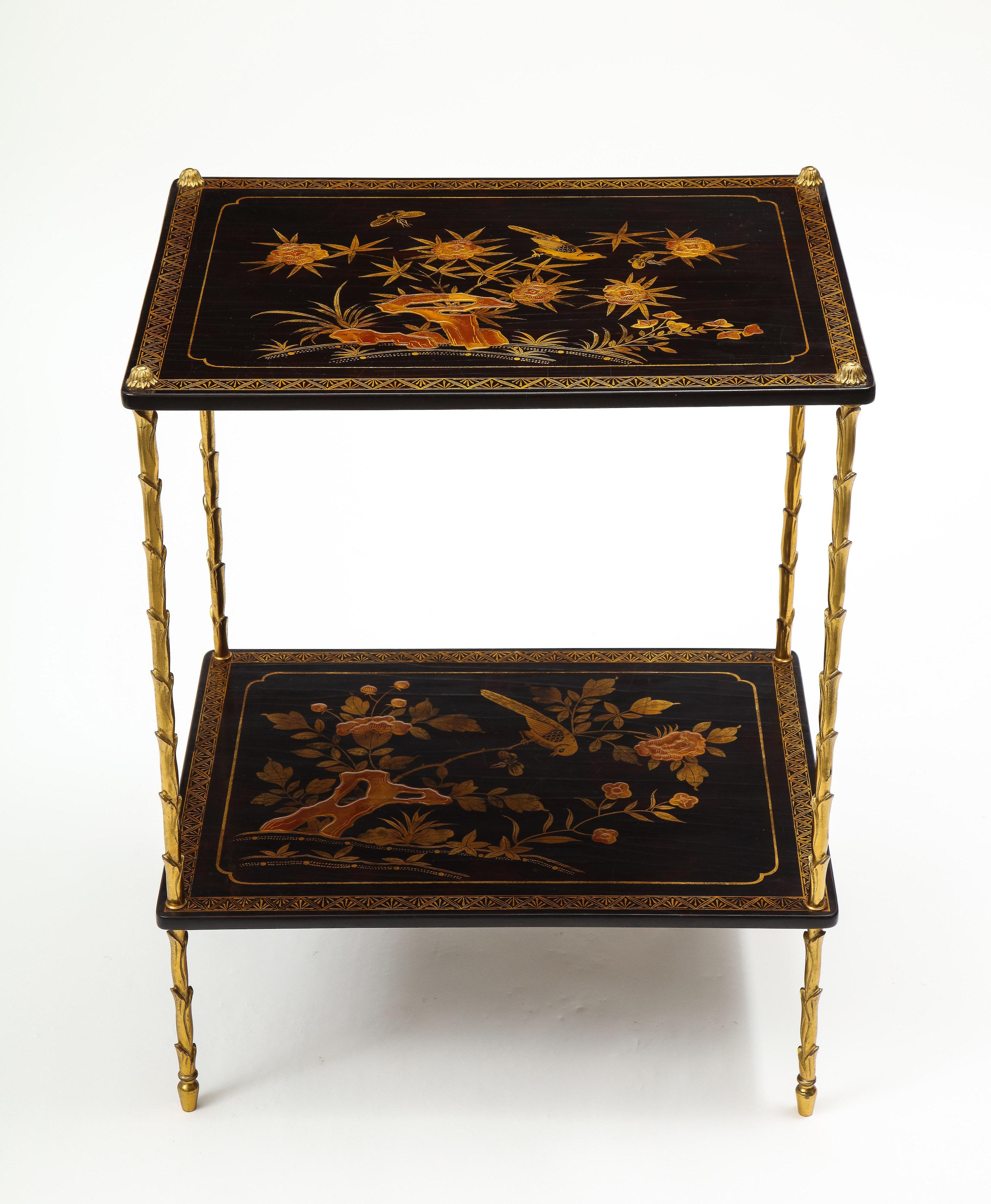 Pair of Maison Baguès Black Lacquer and Gilt Two-Tier Tables In Good Condition In New York, NY