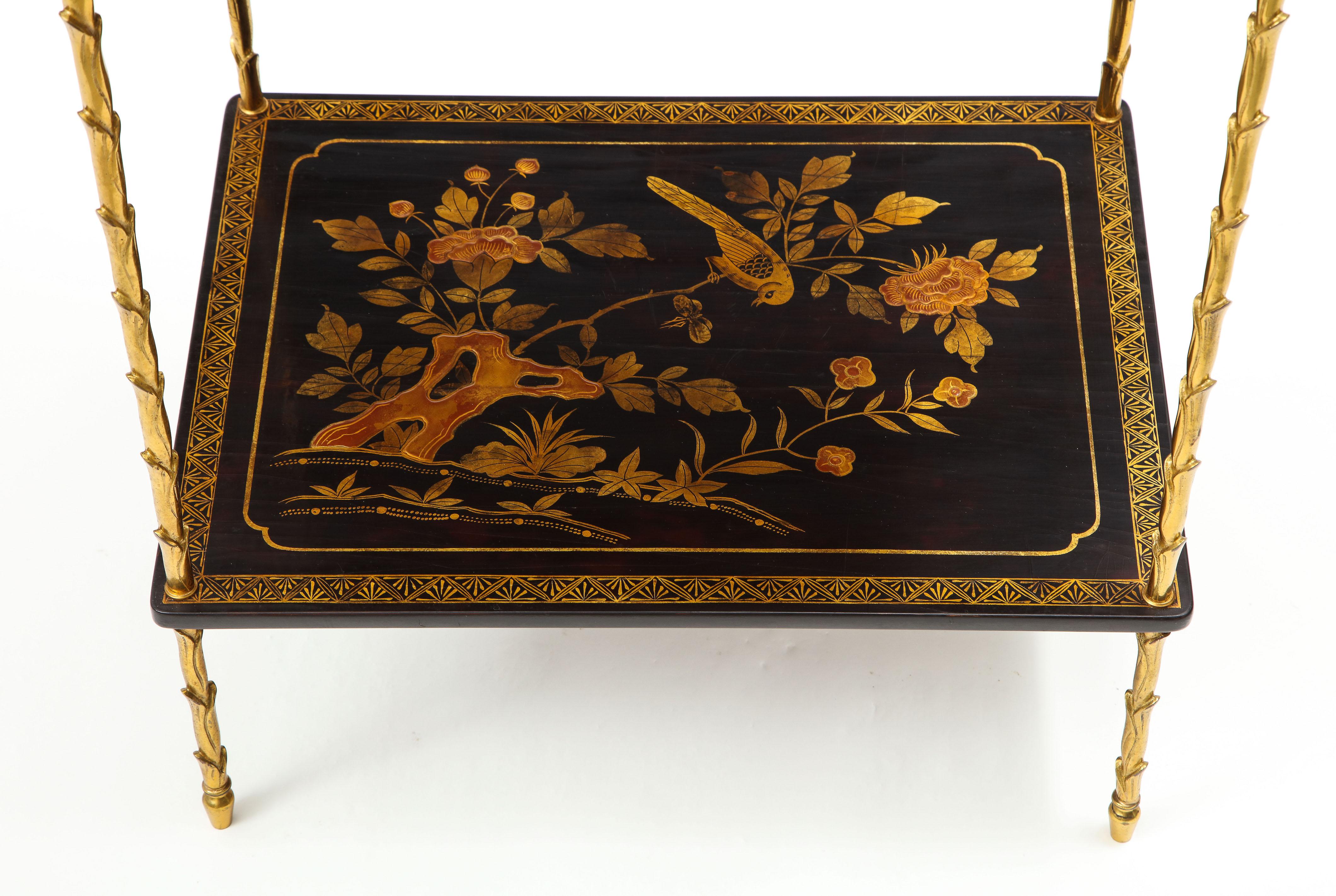 Mid-20th Century Pair of Maison Baguès Black Lacquer and Gilt Two-Tier Tables