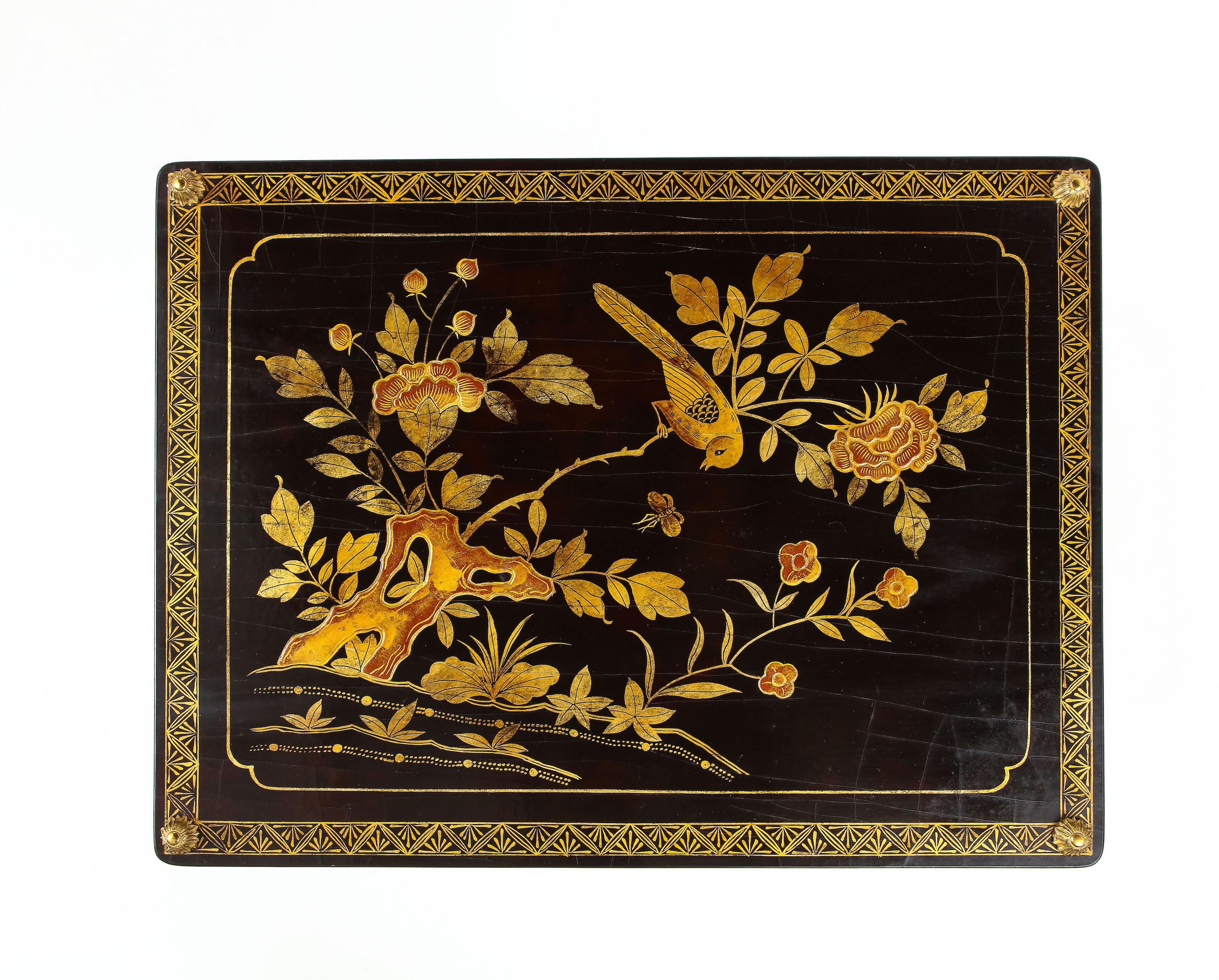 Metal Pair of Maison Baguès Black Lacquer and Gilt Two-Tier Tables