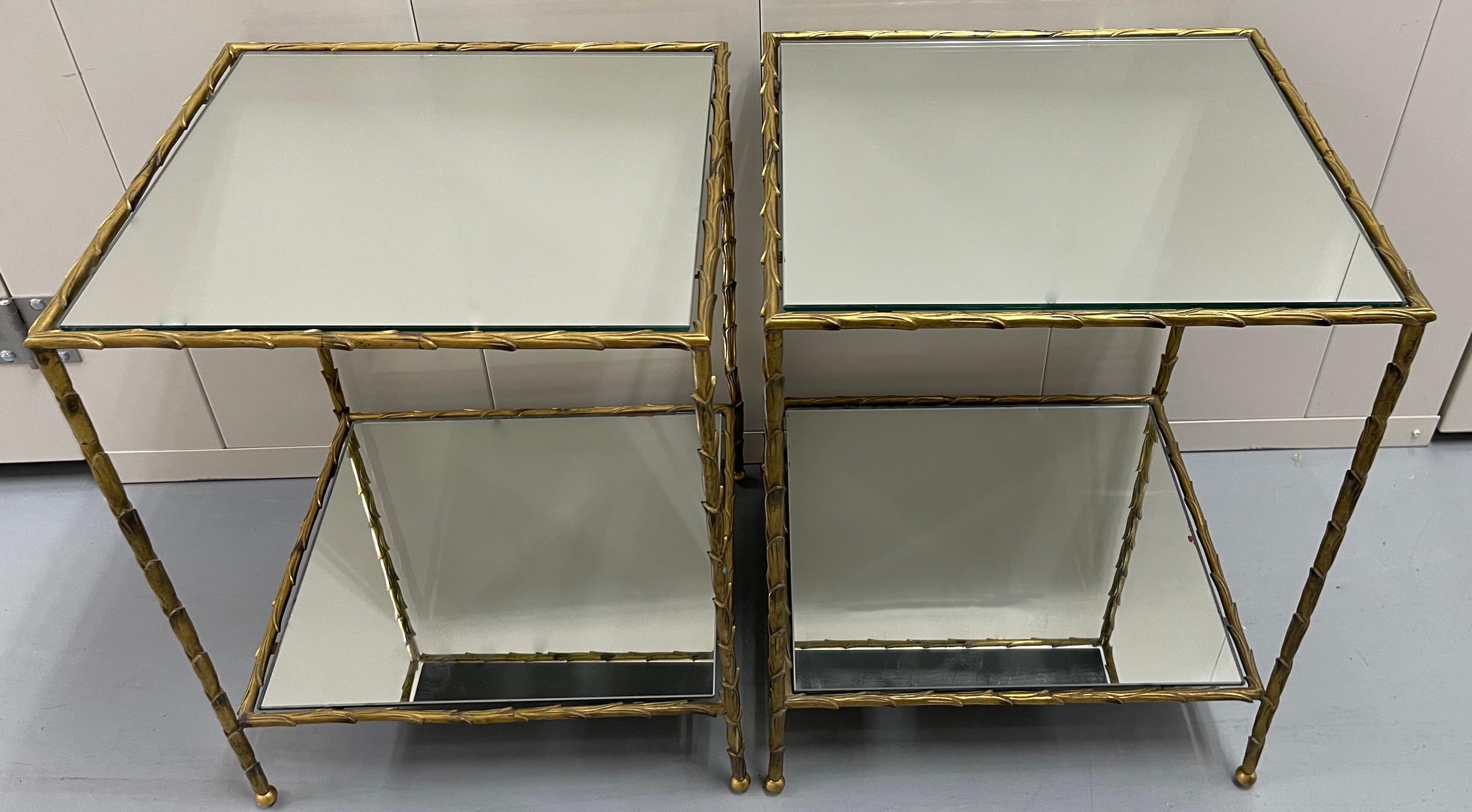 Neoclassical Pair of Maison Bagues Brass & Mirror Two-Tier Side Tables