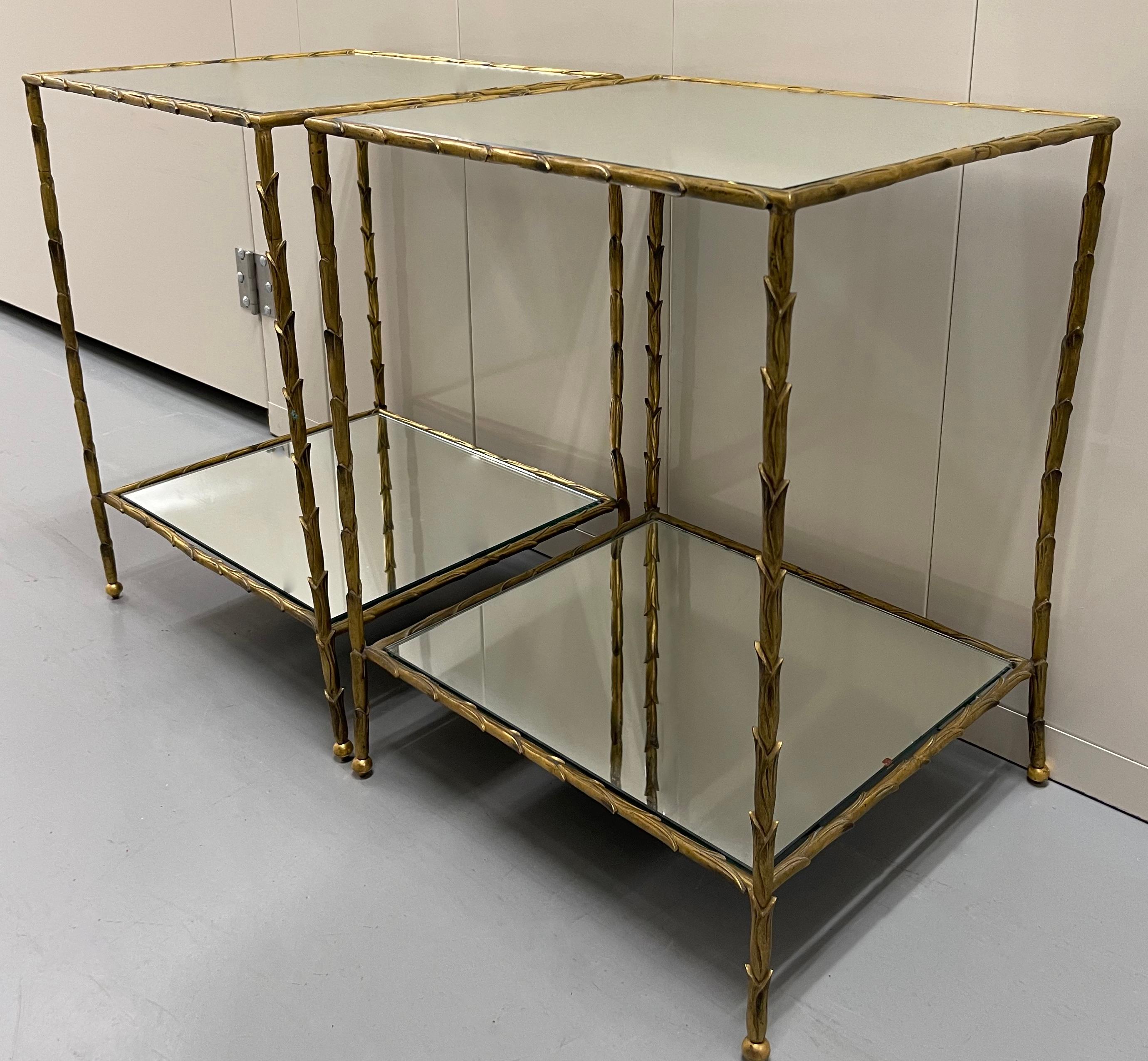 French Pair of Maison Bagues Brass & Mirror Two-Tier Side Tables
