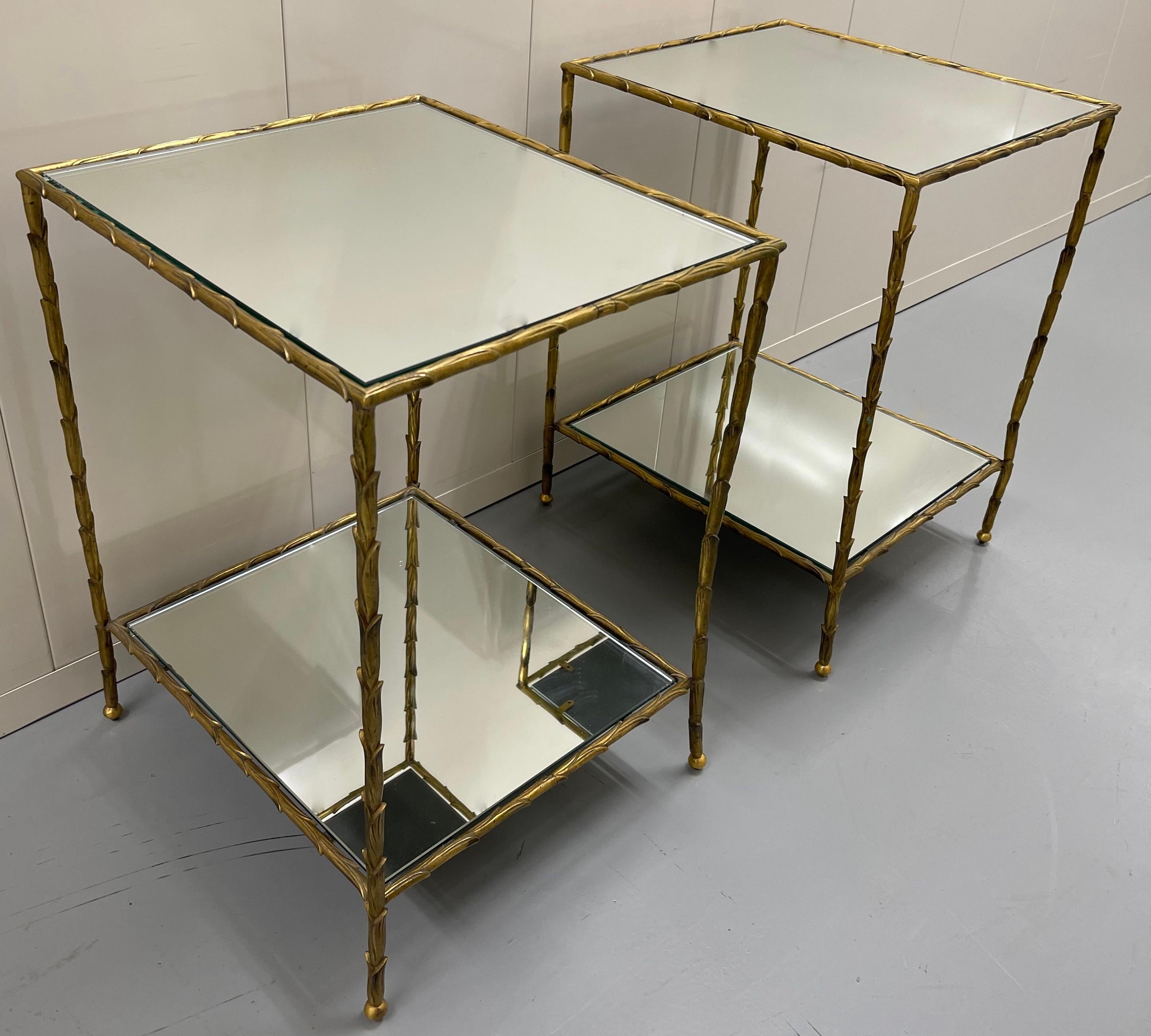 Cast Pair of Maison Bagues Brass & Mirror Two-Tier Side Tables