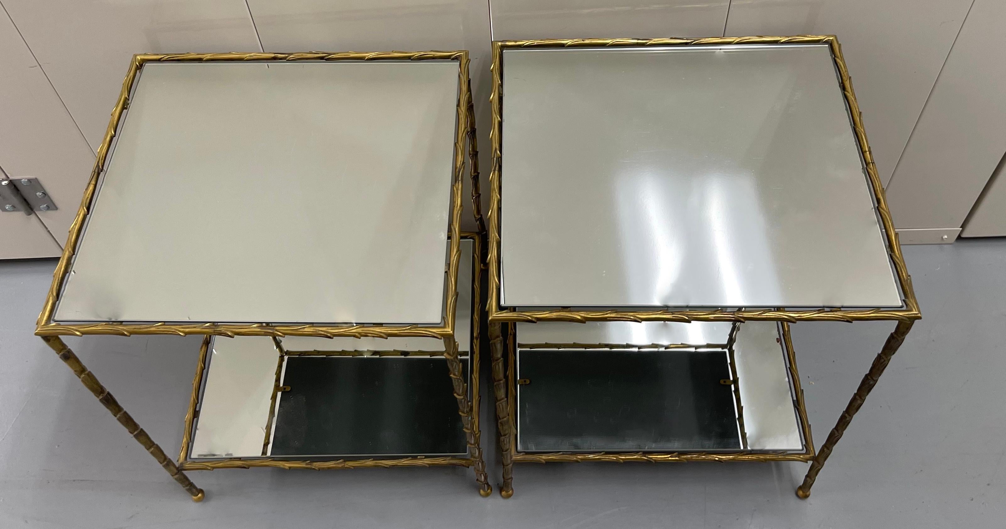 Pair of Maison Bagues Brass & Mirror Two-Tier Side Tables In Good Condition In Stamford, CT